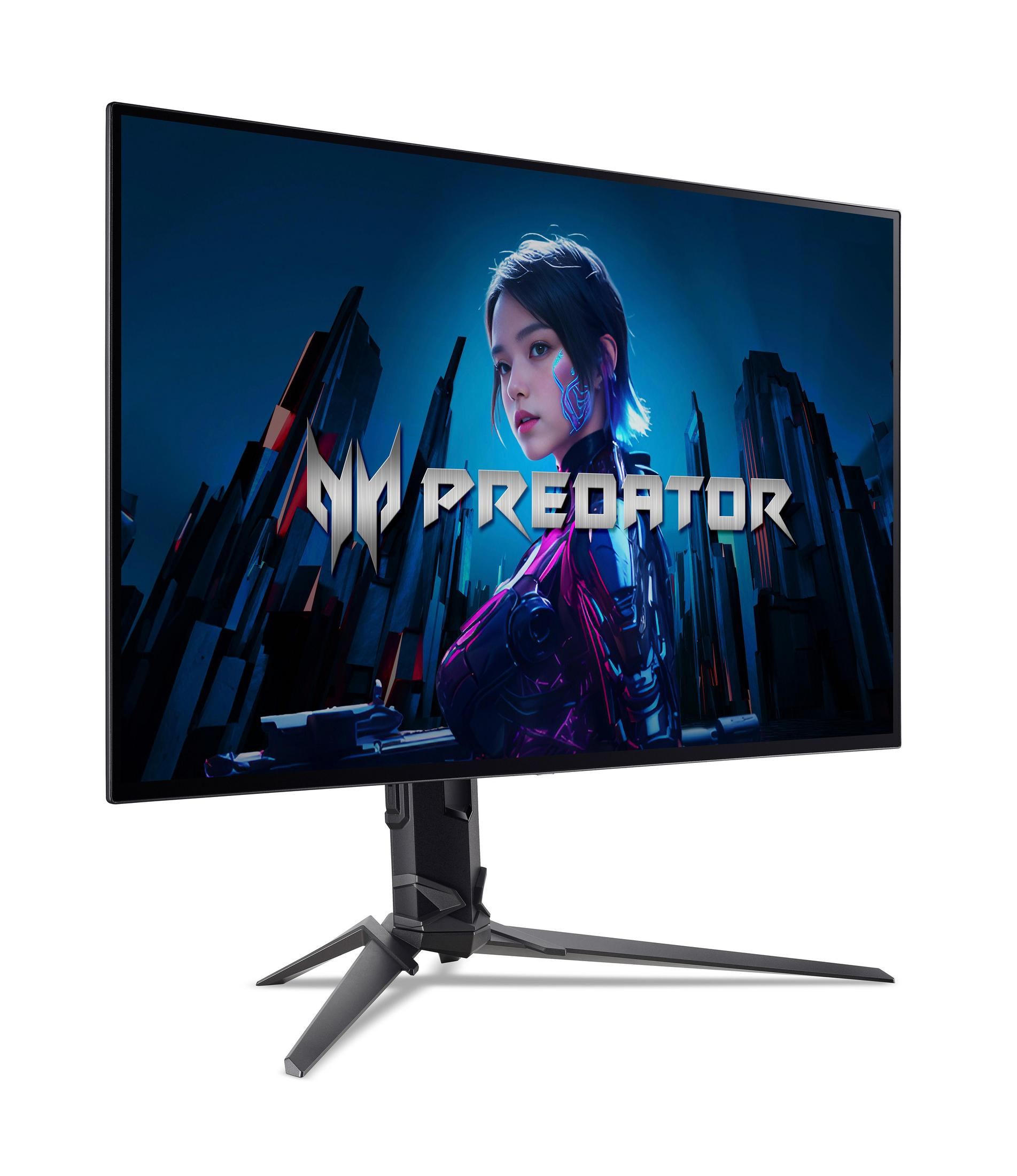 Czarny monitor gamingowy Predator wyświetlający kobietę z cybernetycznymi ulepszeniami na niebieskim tle. Widok z boku.