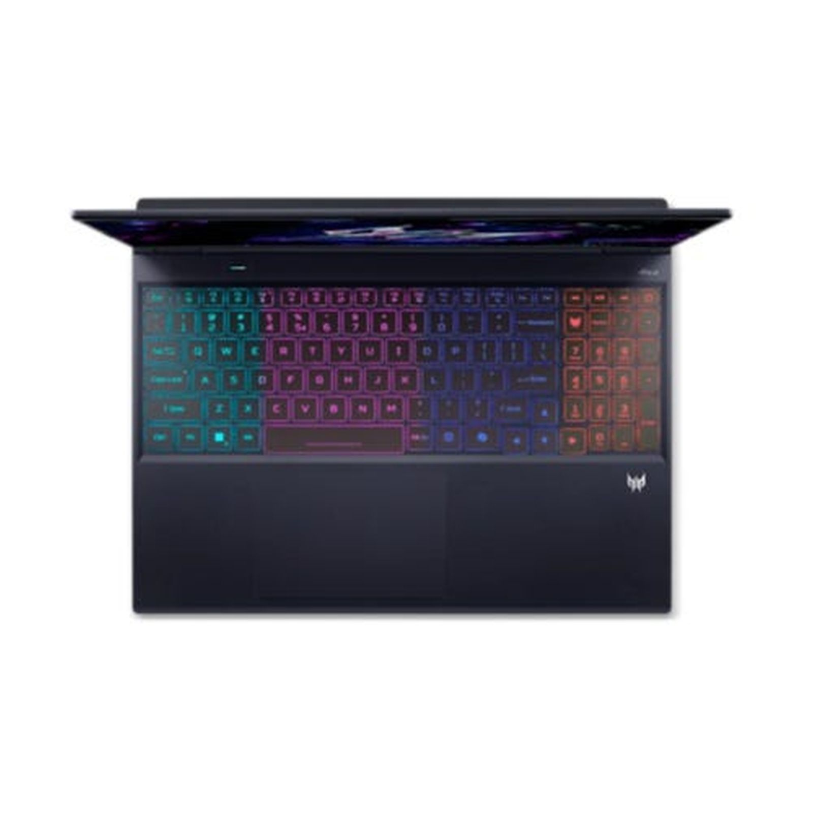 Predator Gaming-Laptop, Draufsicht. Die Tastatur hat eine farbenfrohe Hintergrundbeleuchtung. Der Hintergrund ist weiß.