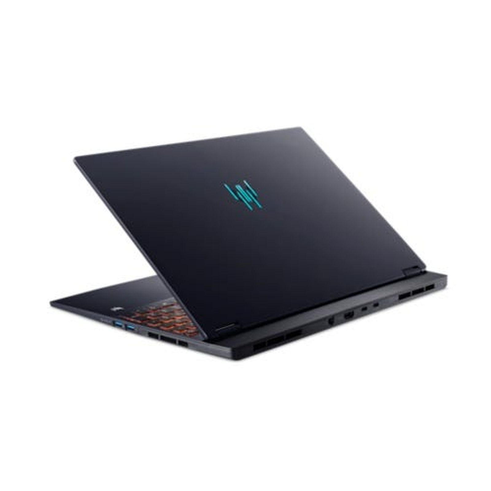 Schwarzer Laptop mit Predator-Logo auf der Rückseite. Der Bildschirm ist geöffnet, die Tastatur sichtbar.