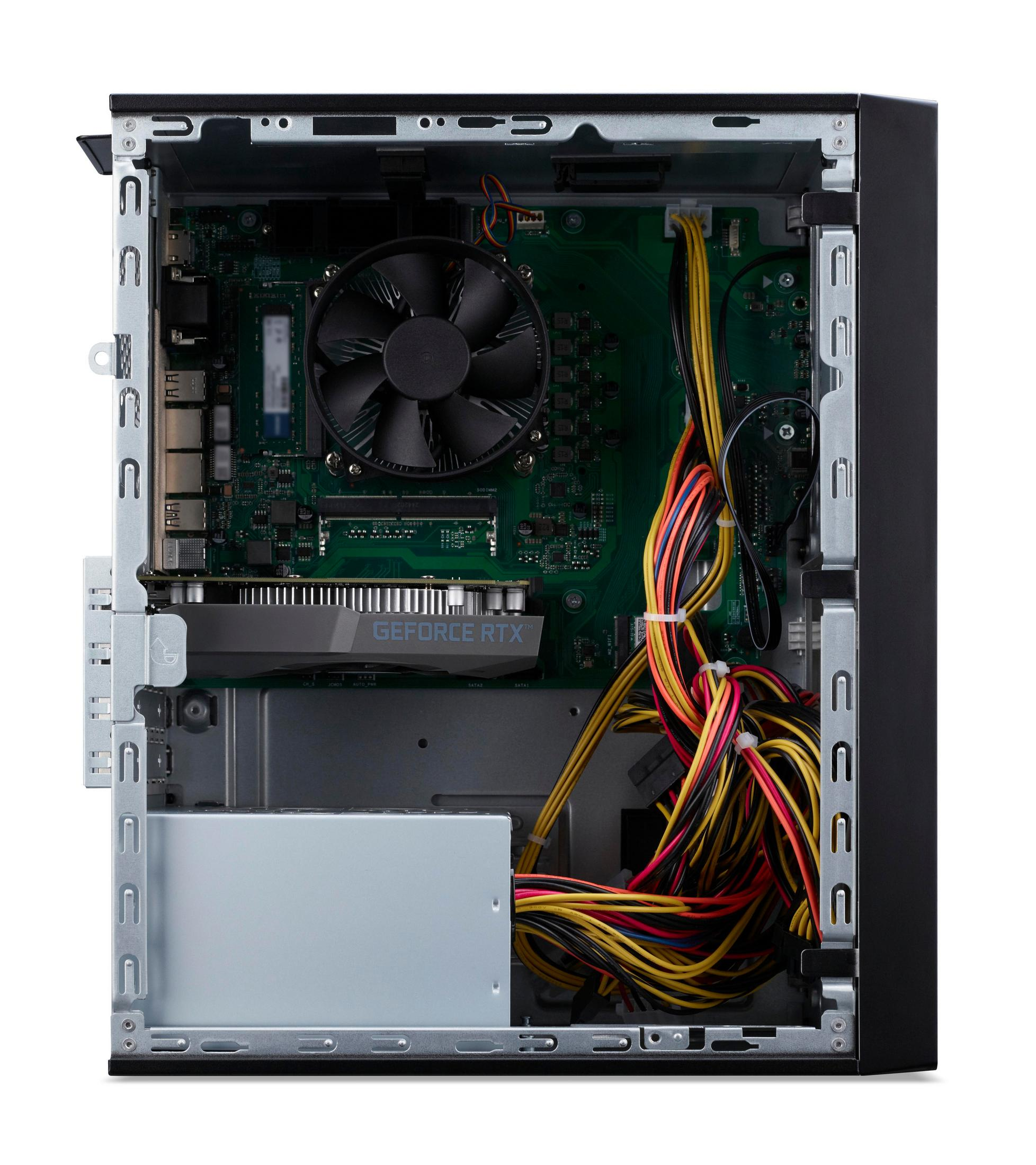 Das Innere eines schwarzen Nitro-PC-Towers zeigt Komponenten vor einem weißen Hintergrund, darunter eine GeForce RTX-Grafikkarte.