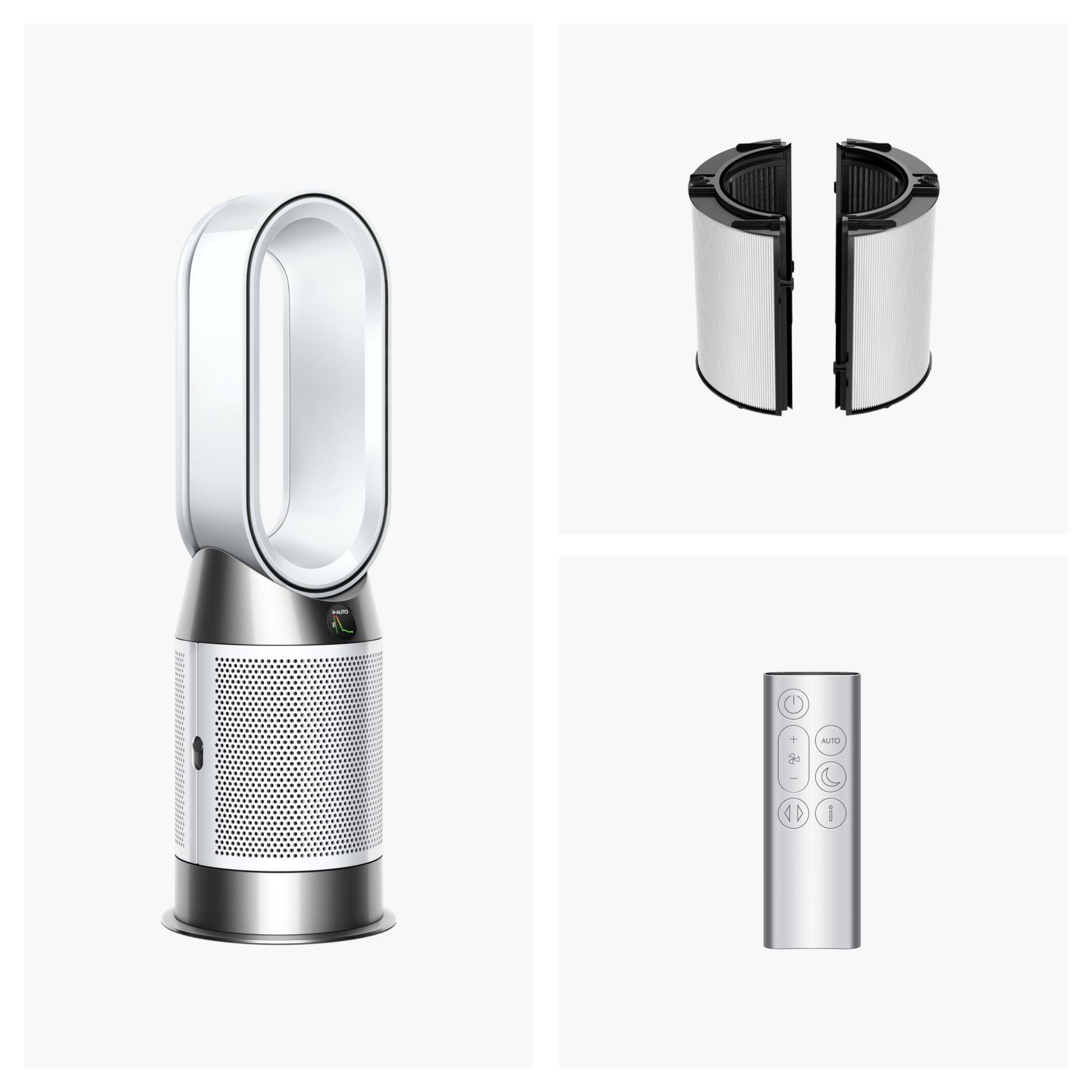 Ventilador Dyson con filtros y mando a distancia. El ventilador es blanco y plateado, filtros negros, mando plateado.