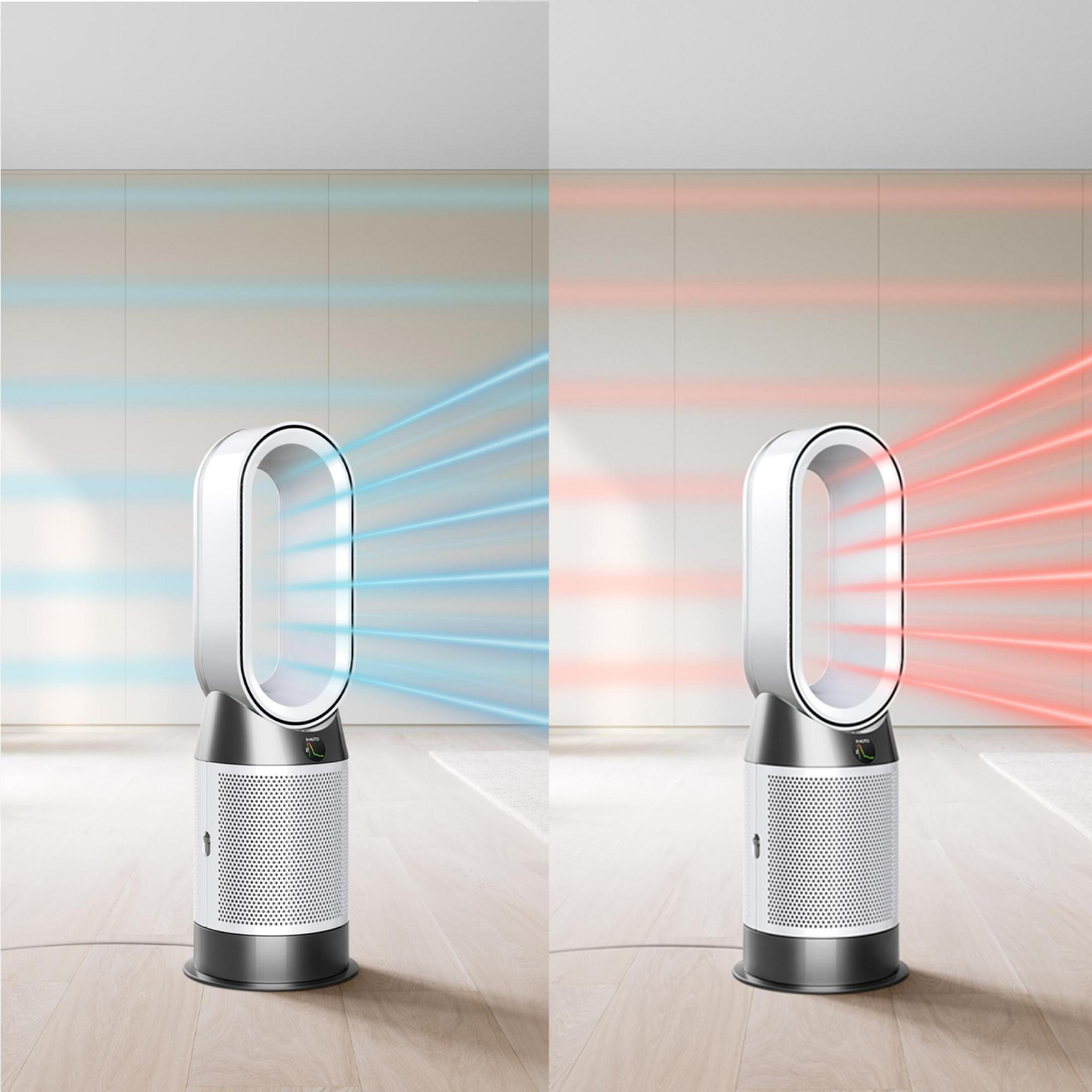 Ventilador Dyson con líneas de flujo de aire azules y rojas. El ventilador es blanco y plateado. Fondo blanco.