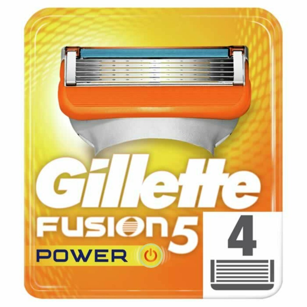 Gillette Fusion 5 Power Rasierklingen-Nachfüllpackung auf weißem Hintergrund. Orange und gelb.
