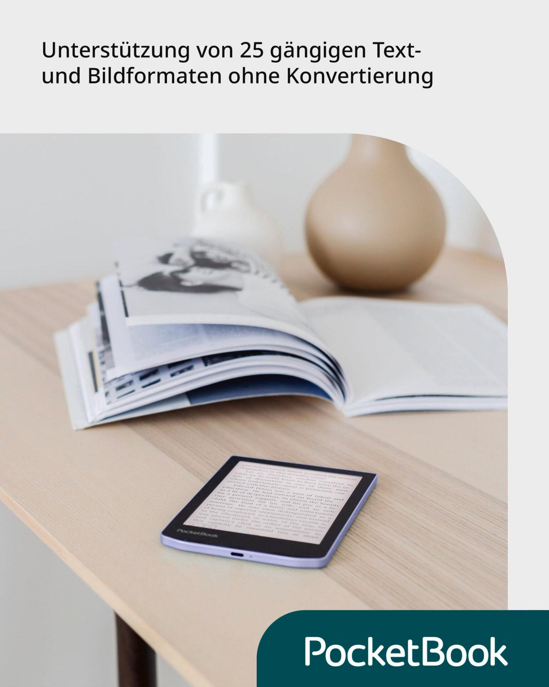 E-reader su un tavolo di legno vicino a un libro e un vaso. Testo: Supporto di 25 formati testo e immagine senza conversione.