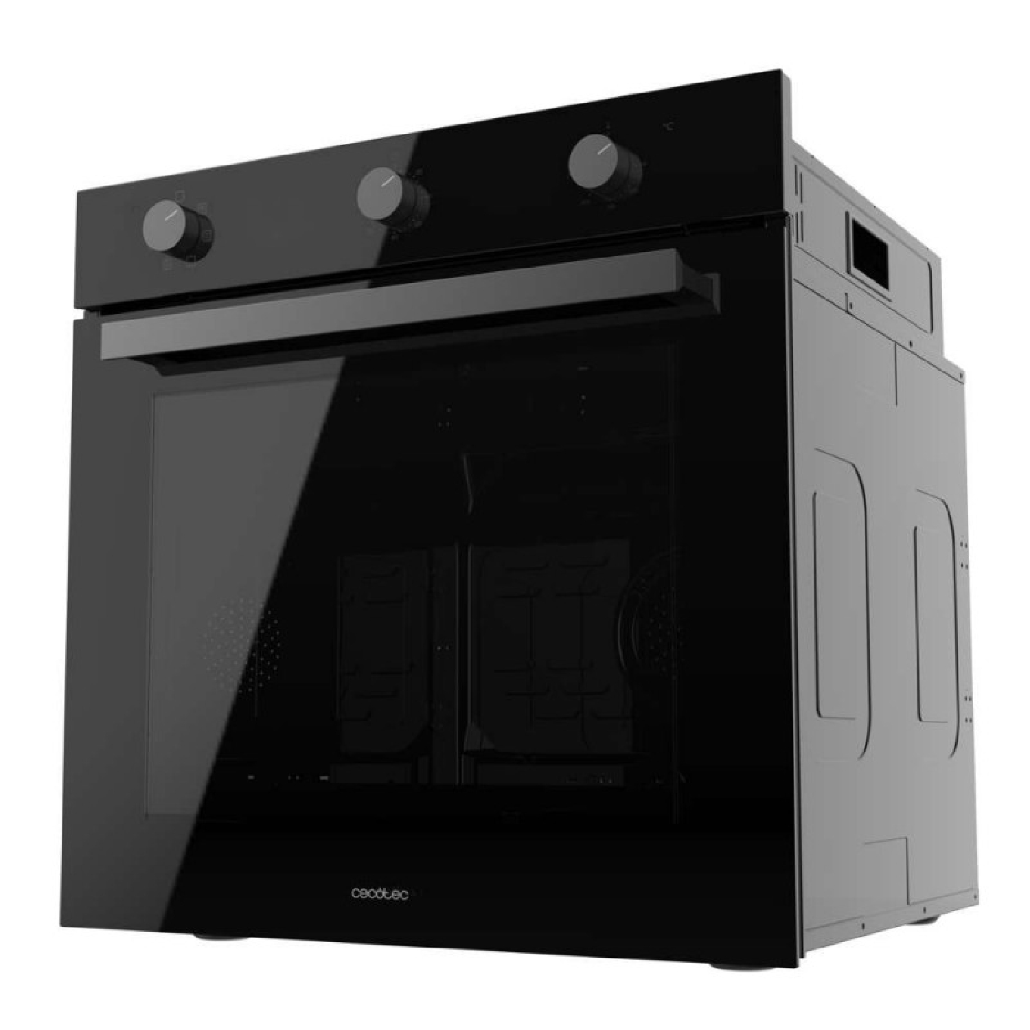 Horno negro con mandos y puerta de cristal. El horno tiene un diseño elegante y moderno.