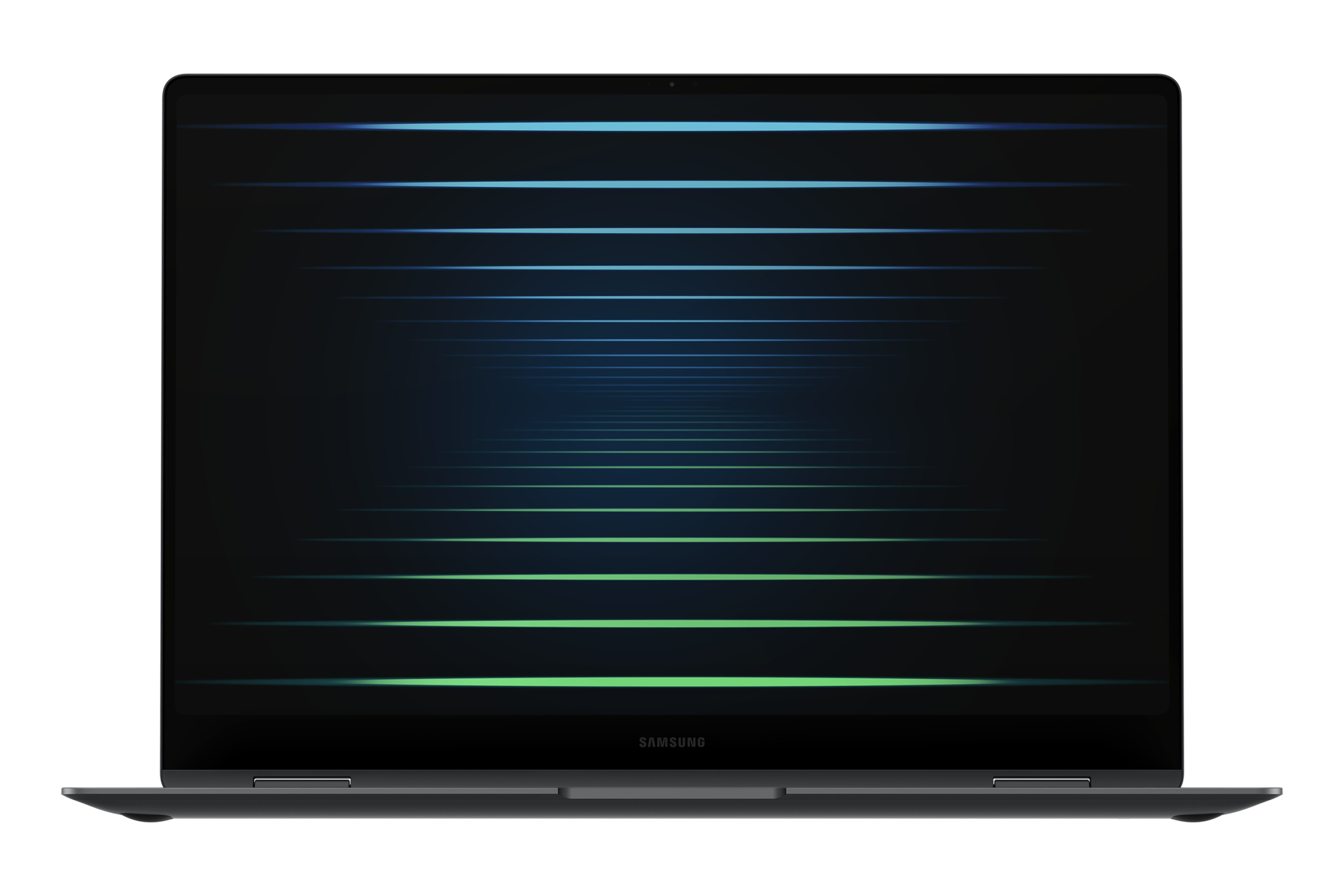 Laptop, zamknięty, pokazujący ekran z niebieskimi i zielonymi liniami.