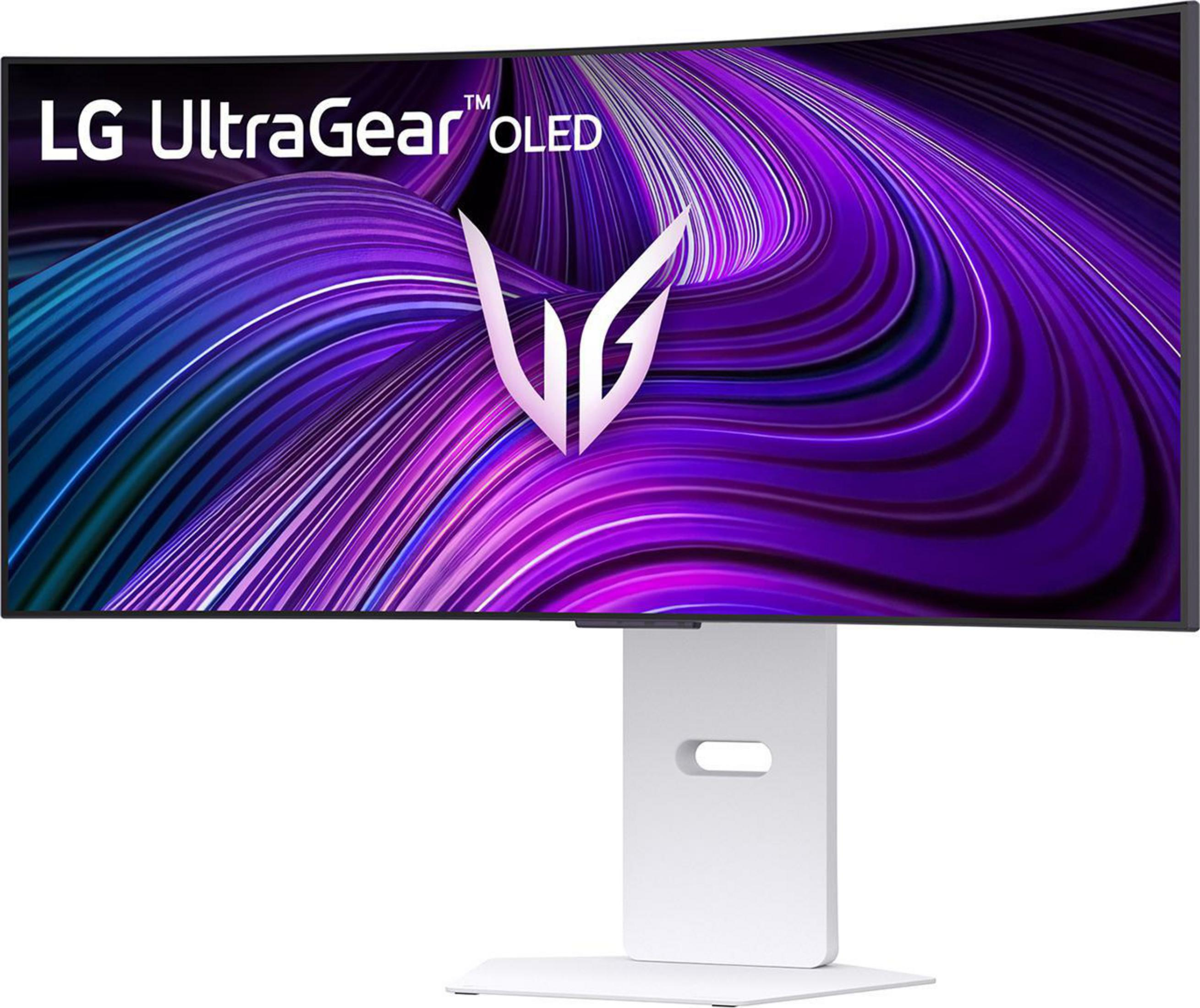 Zakrzywiony monitor LG UltraGear OLED z fioletowym, białym i niebieskim abstrakcyjnym wzorem.