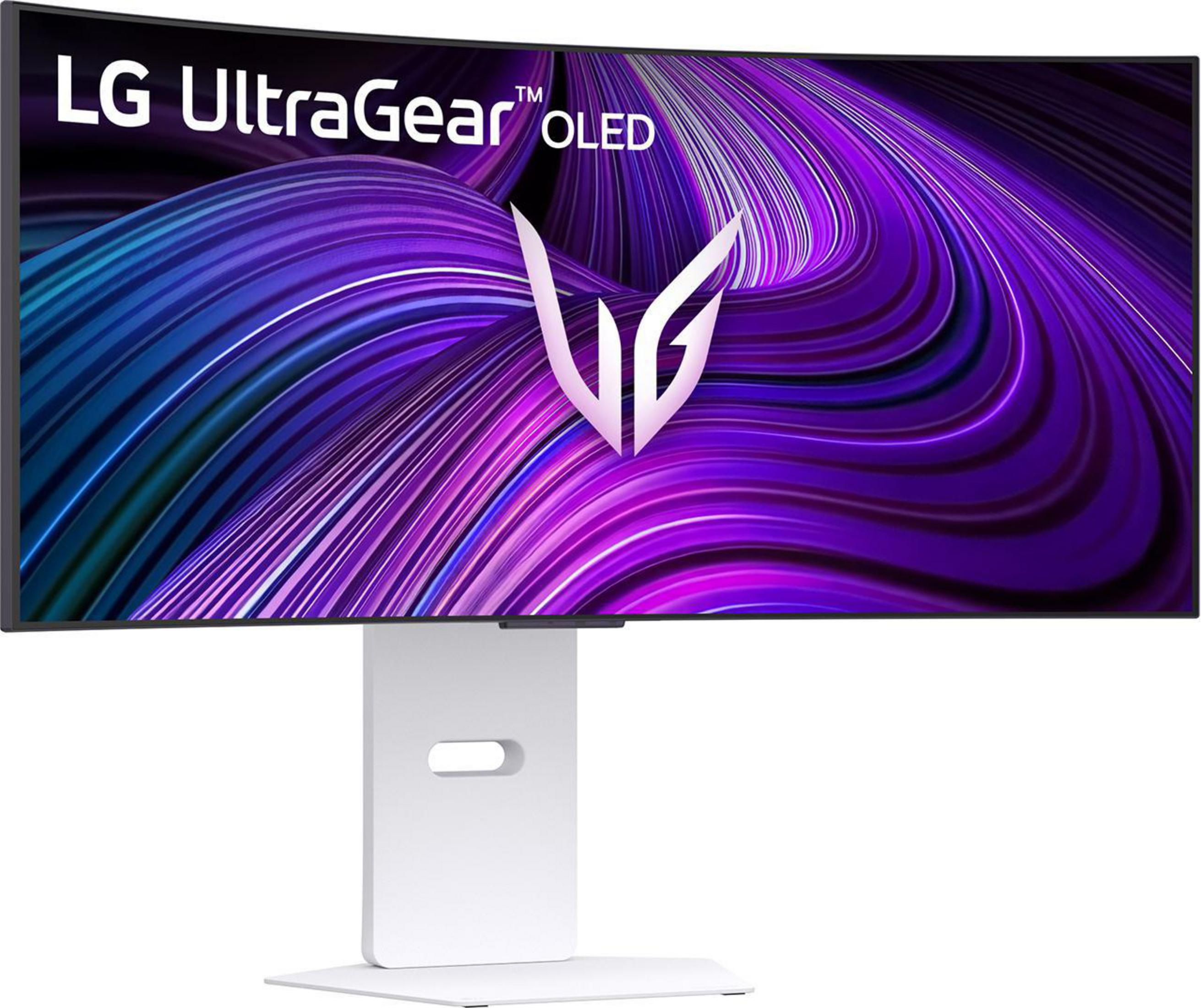 Zakrzywiony monitor LG UltraGear OLED pokazujący abstrakcyjny fioletowy, biały i niebieski wzór.