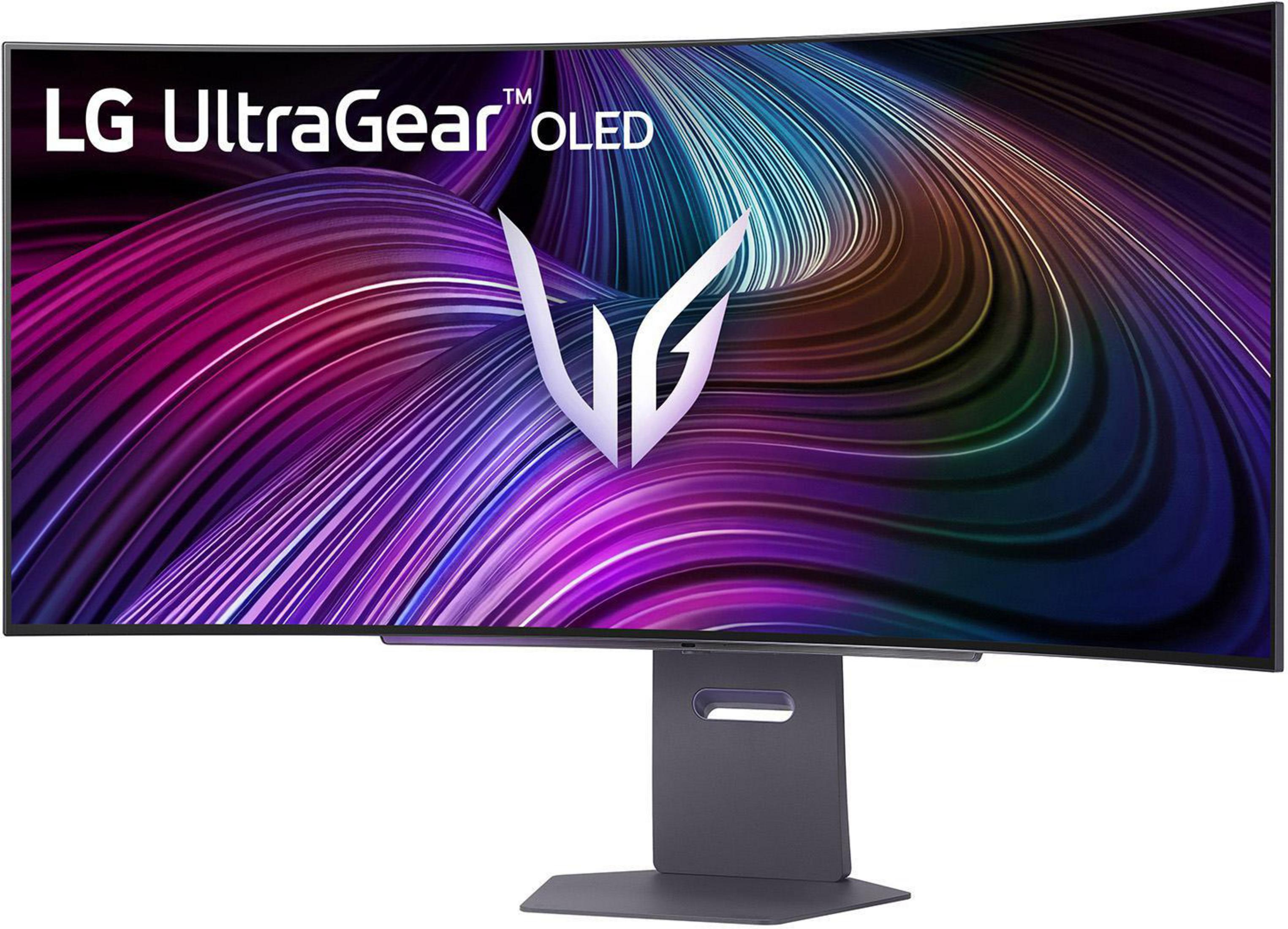 Zakrzywiony monitor LG UltraGear OLED z podstawą, wyświetlający kolorowe, abstrakcyjne tło.