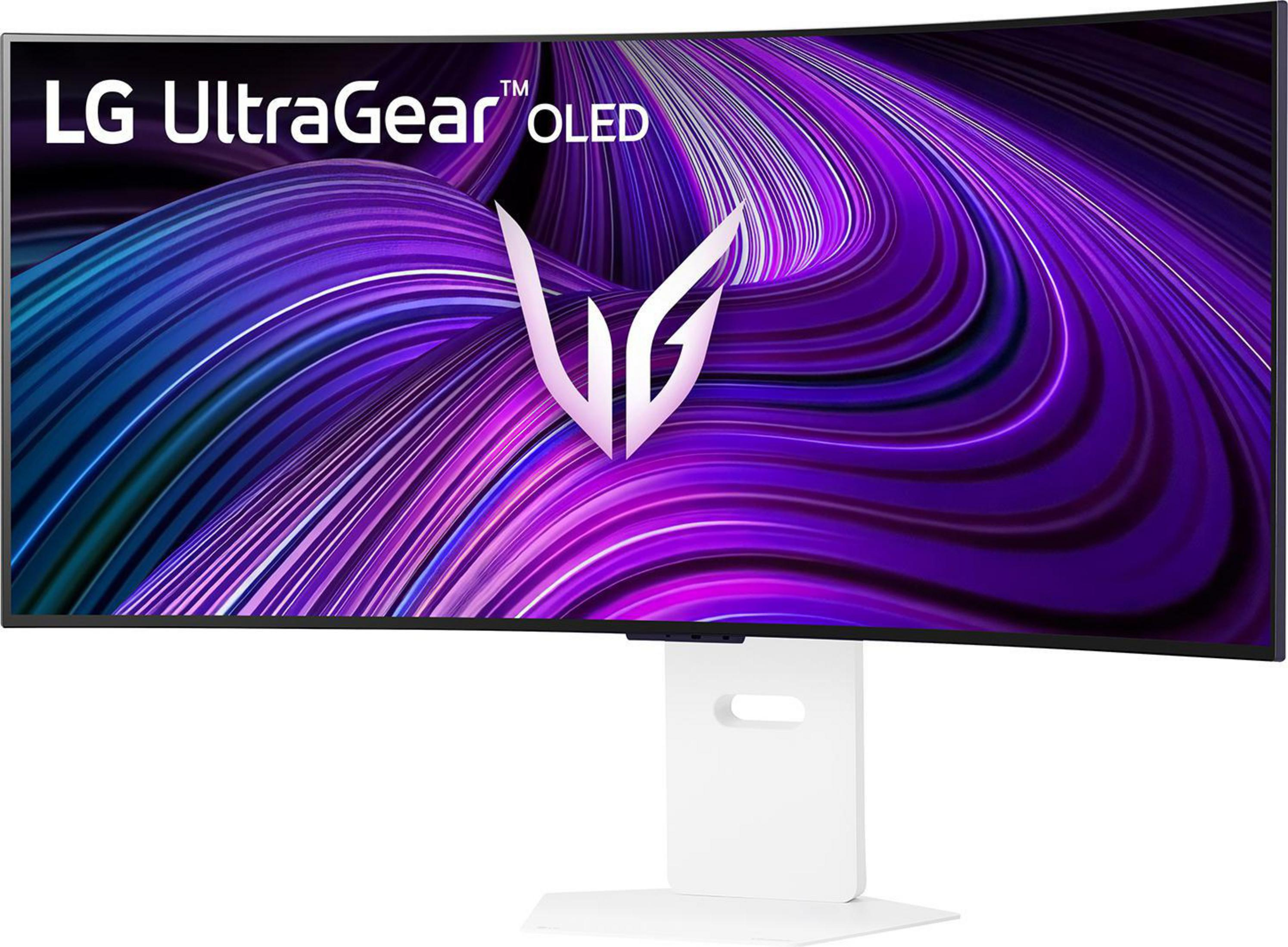 Zakrzywiony monitor z logo LG UltraGear OLED na kolorowym tle. Podstawa jest widoczna.