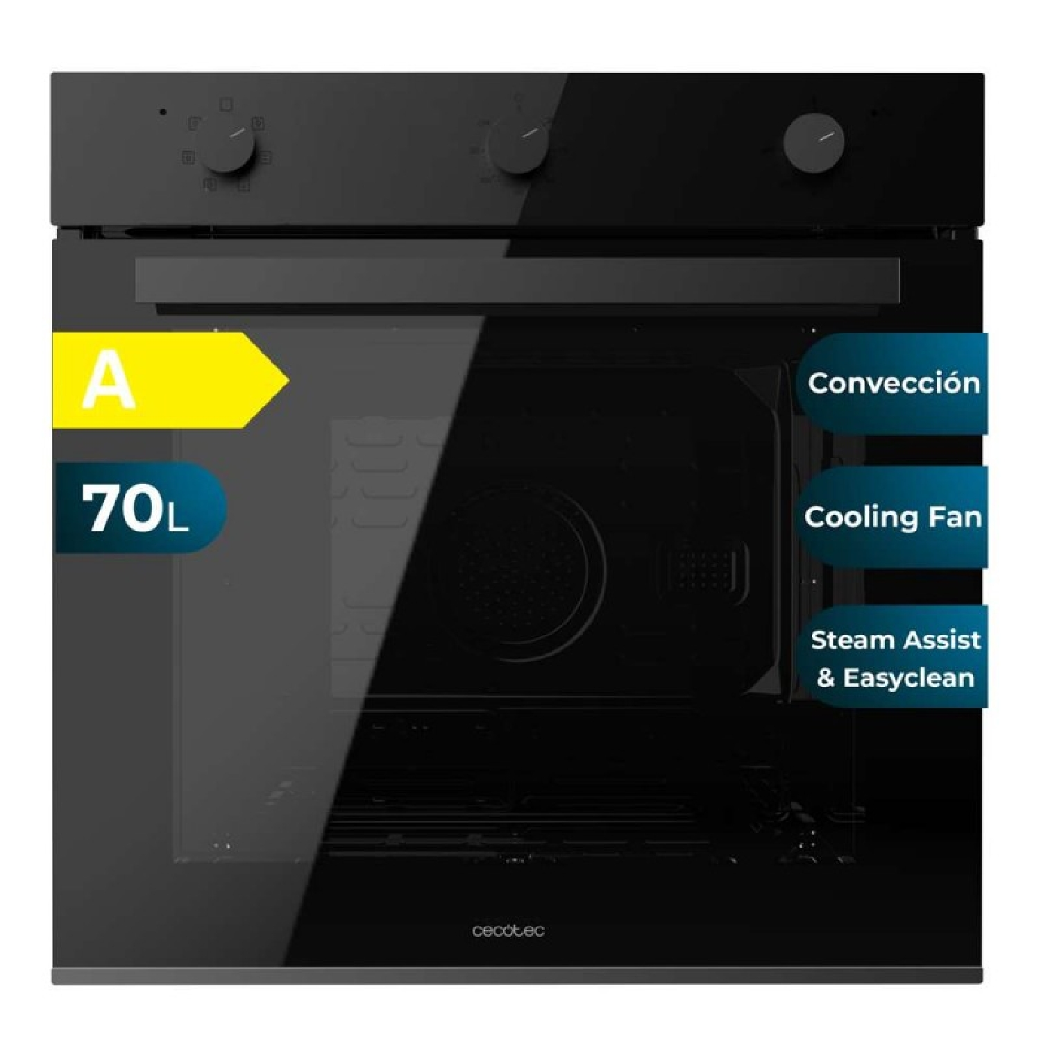 Horno negro con etiqueta energética y funciones como convección, ventilador y fácil limpieza.