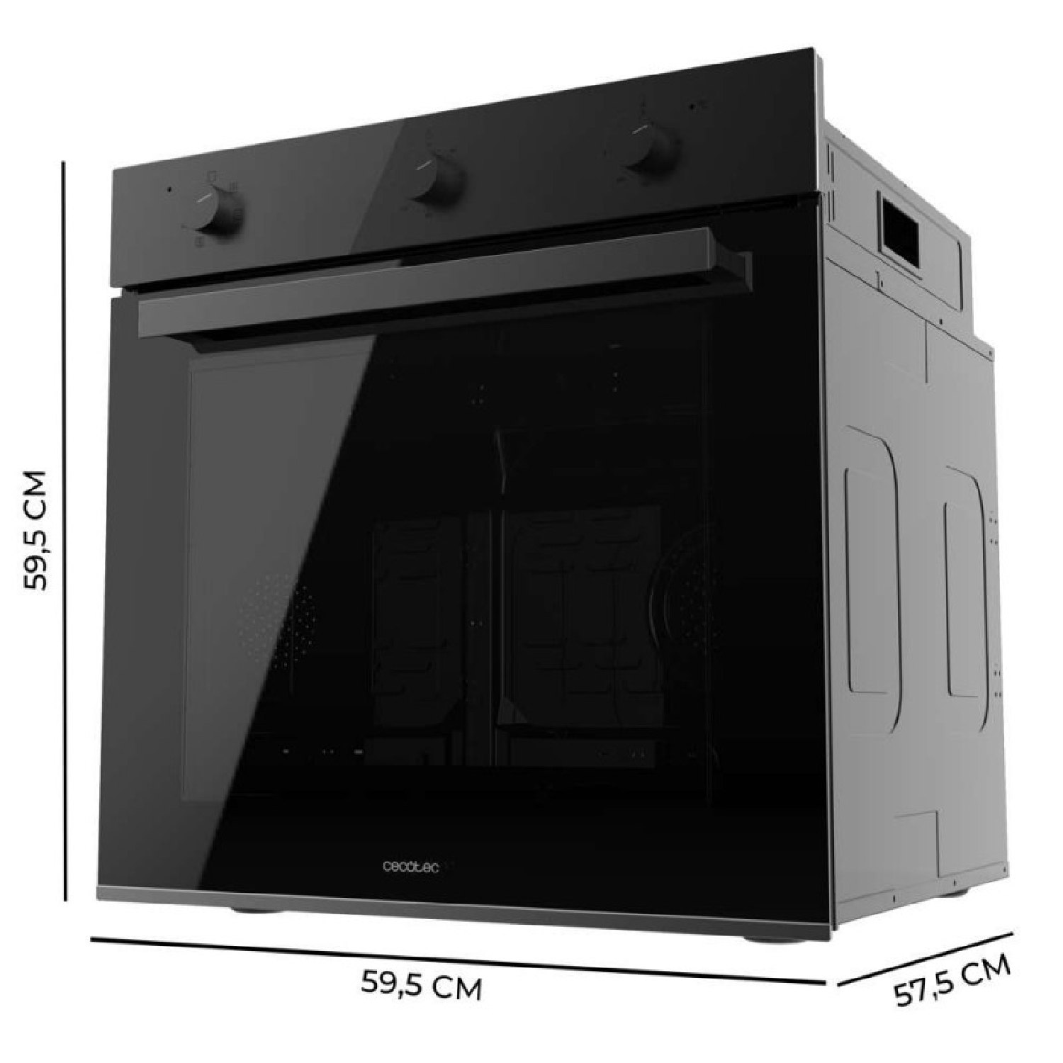 Un horno negro con dimensiones y puerta de cristal. Tiene mandos arriba.