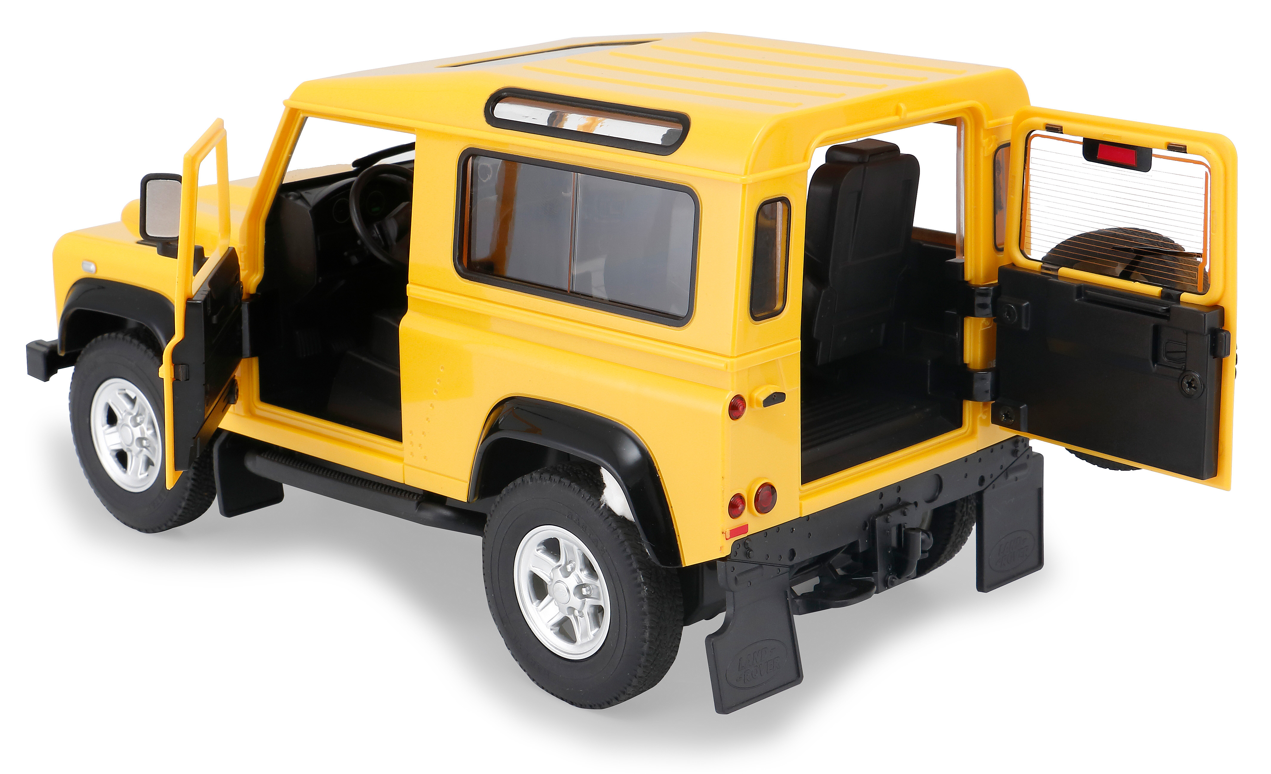 Gelbes Land Rover Defender Spielzeugauto, Türen offen, Rückansicht.