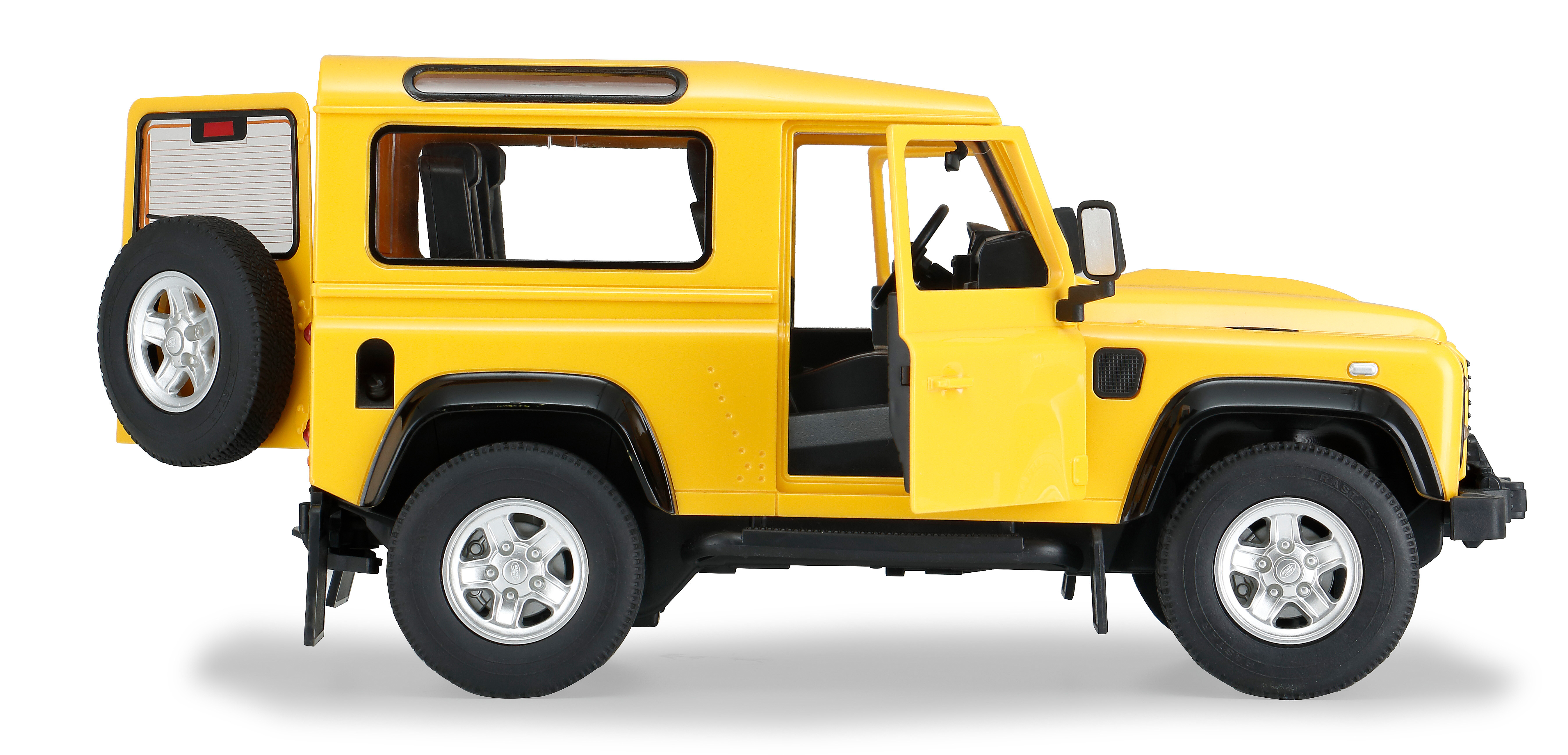 Gelbes Land Rover Defender Spielzeugauto, Türen offen, Seitenansicht.