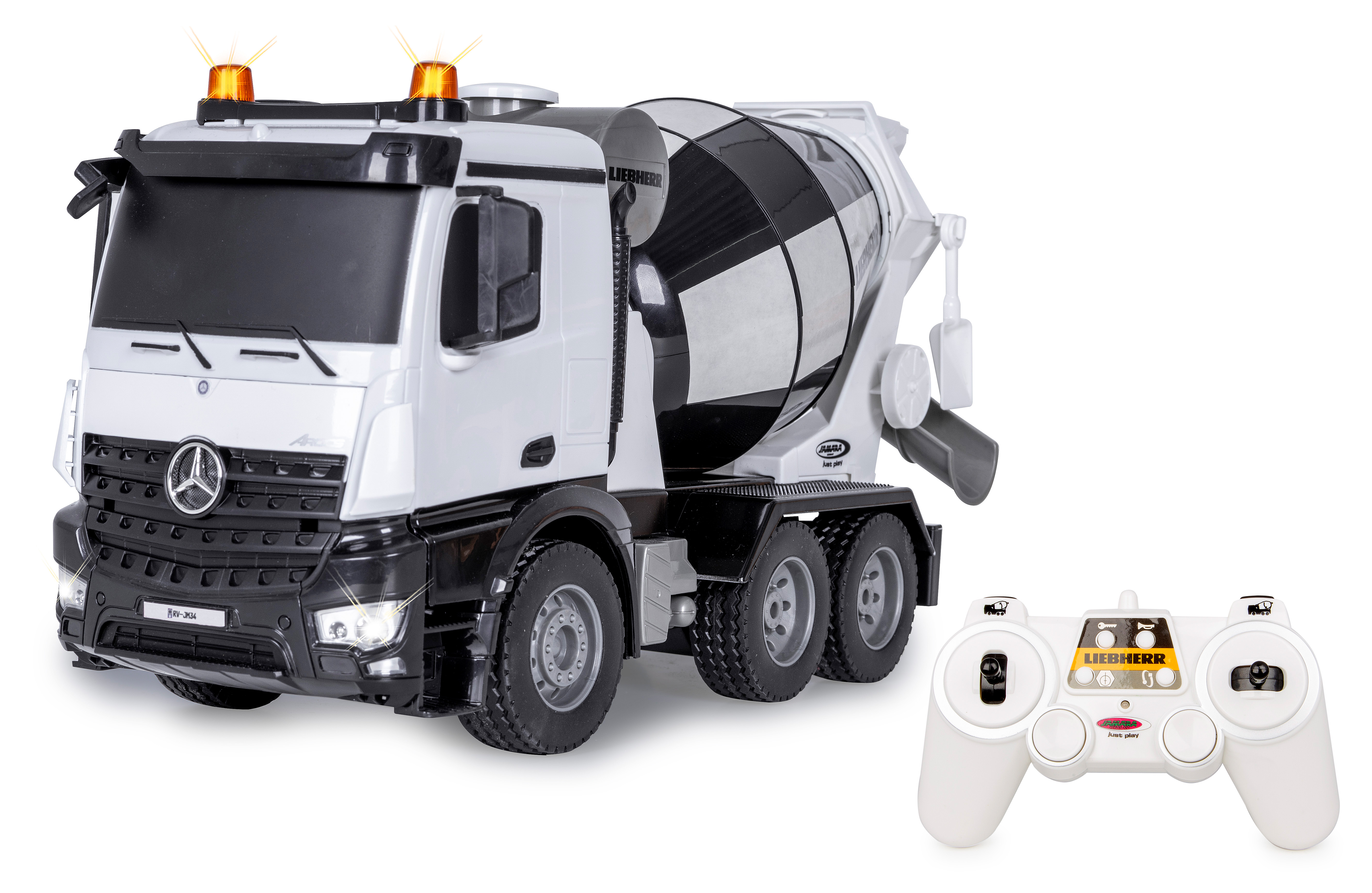Ein weißer und grauer Liebherr Spielzeug-Betonmischer-LKW mit Fernbedienung.