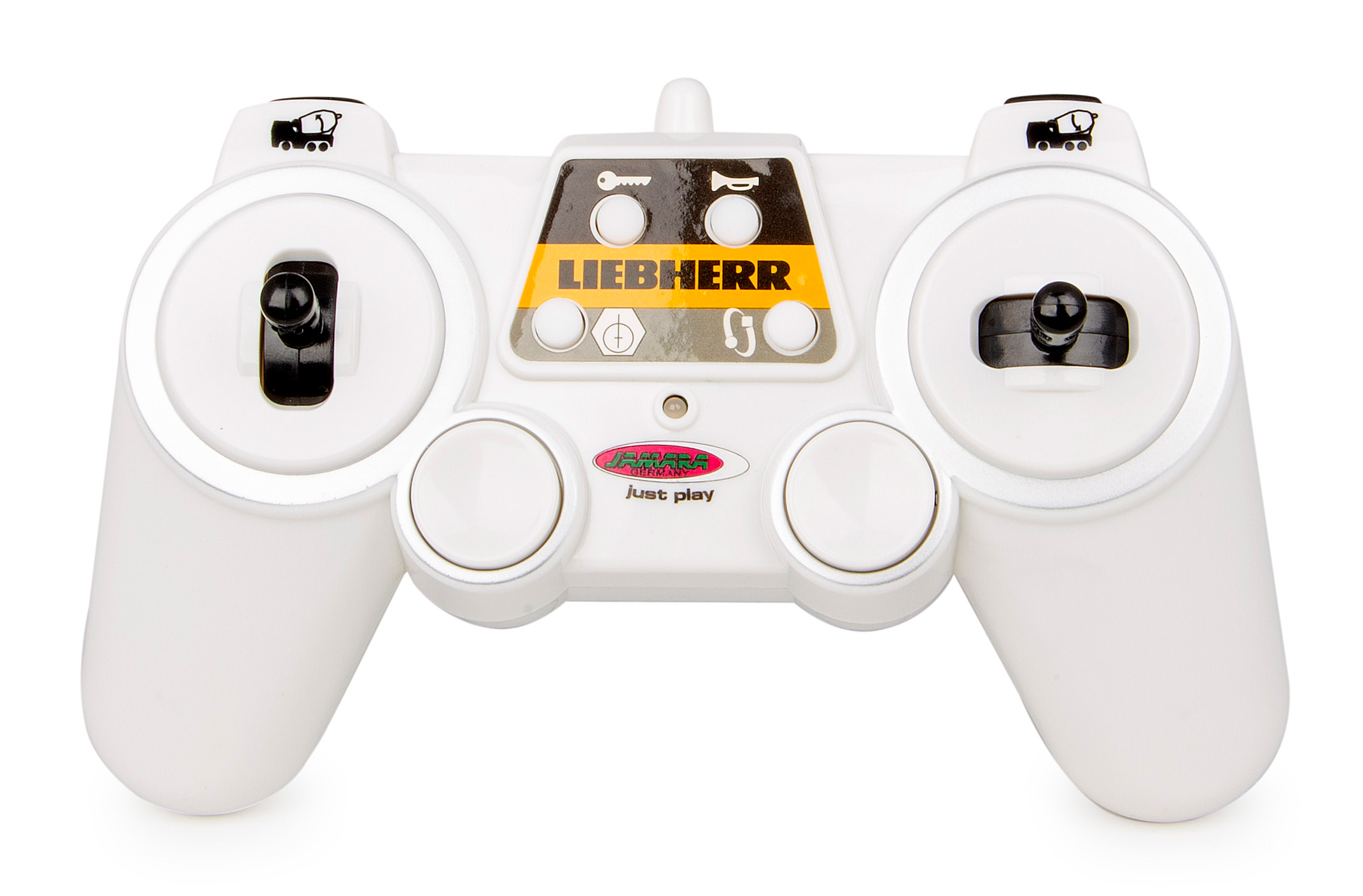 Weiße Fernbedienung mit schwarzen Joysticks, Liebherr-Logo und Knöpfen. Oben zwei LKW-Symbole.