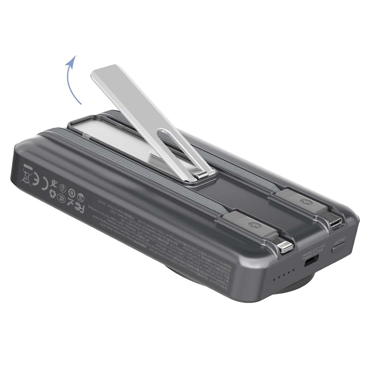 Power bank ze stojakiem. Stojak jest otwarty. Power bank ma porty i przyciski.