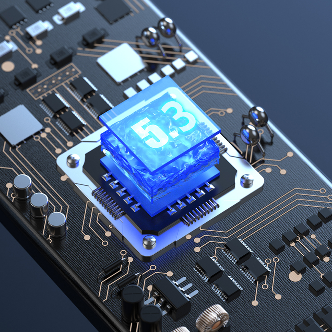 Zbliżenie płytki drukowanej z niebieskim chipem oznaczonym "5.3". Chip jest warstwowy.