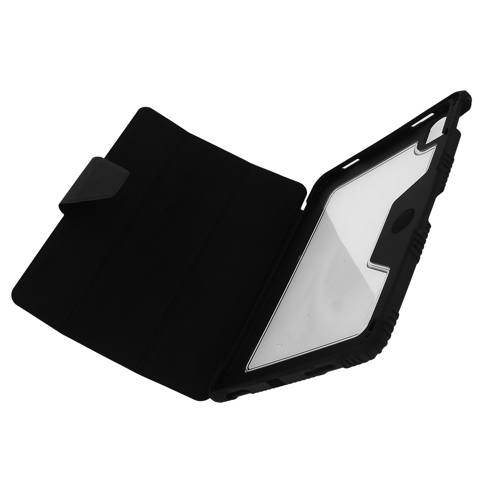 Custodia per tablet nera, aperta, con tablet e chiusura.