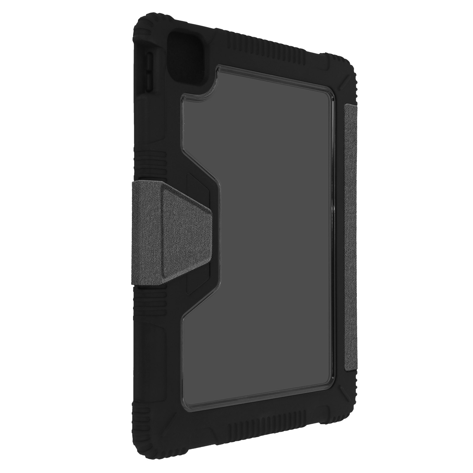 Custodia per tablet nera, chiusa, che mostra il retro del tablet.