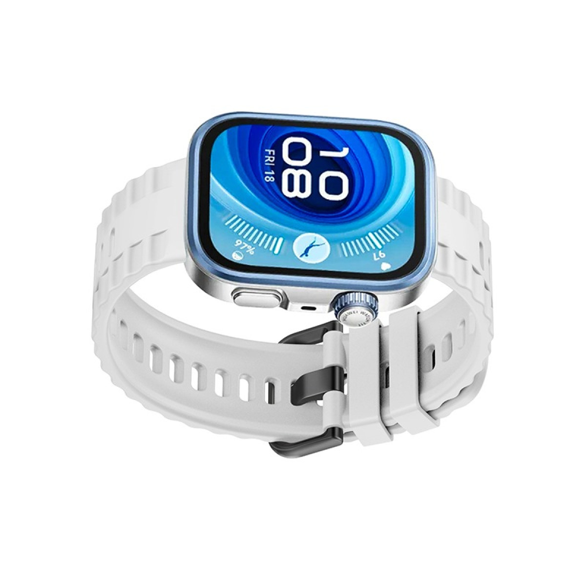 Smartwatch mit weißem Armband, blau akzentuiertem Bildschirm, Datum, weißer Hintergrund.