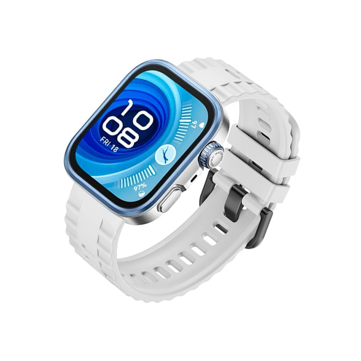 Smartwatch mit weißem Armband, blauem Bildschirm mit Daten, Winkelansicht, weißer Hintergrund.