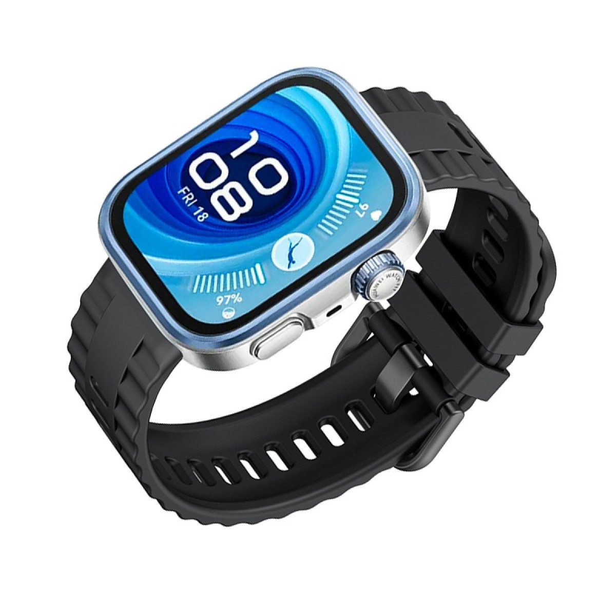 Eine Smartwatch mit silbernem Gehäuse und schwarzem Armband zeigt die Uhrzeit 10:08 und das Datum FRI 18 auf ihrem Bildschirm an.