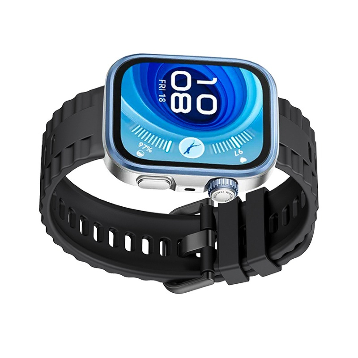 Eine Smartwatch mit silbernem Gehäuse und schwarzem Armband zeigt die Uhrzeit 10:08 und das Datum FRI 18 auf ihrem Bildschirm an.