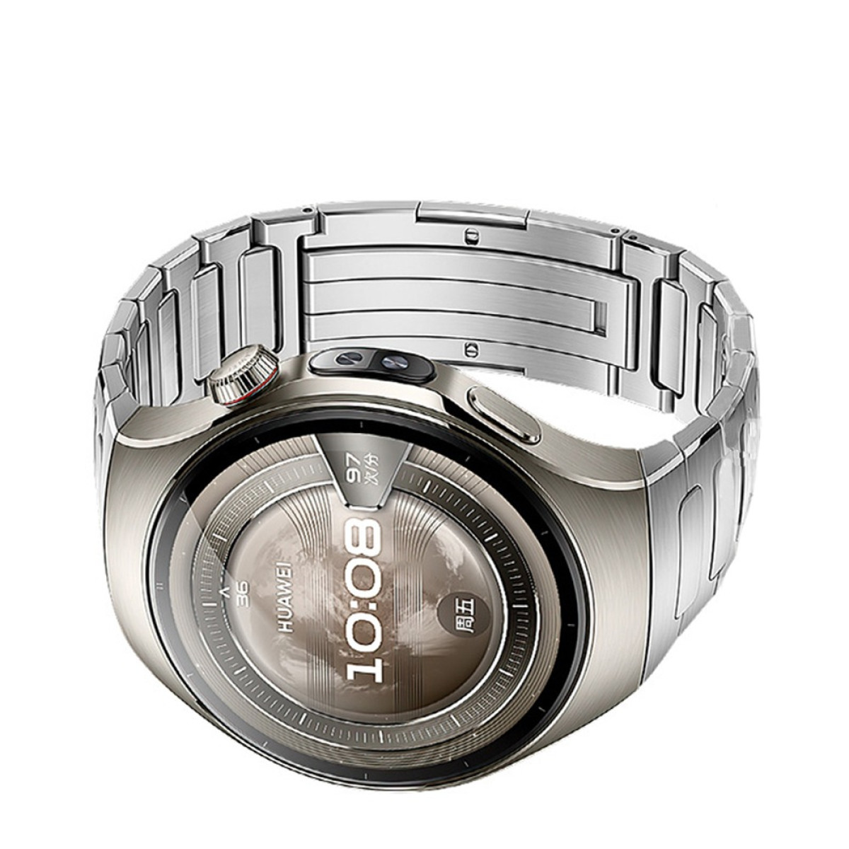 Eine silberne Smartwatch mit einem Metallarmband zeigt die Uhrzeit 10:08 auf einem runden Bildschirm mit digitalen Elementen an.