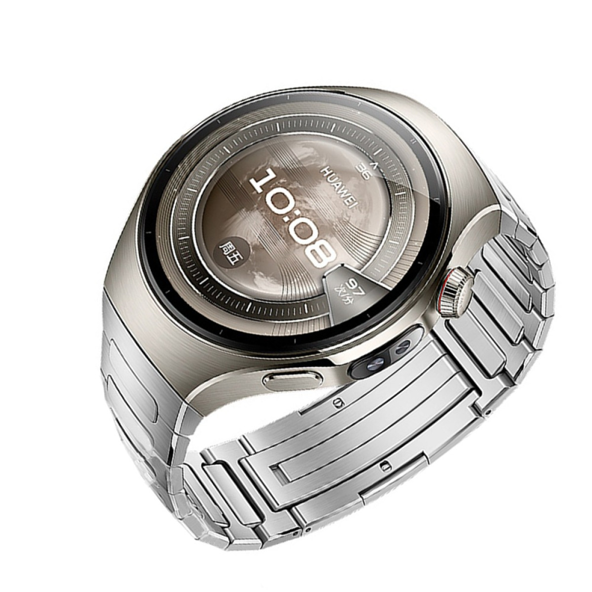 Eine silberne Smartwatch mit Metallband wird in einem Winkel gezeigt, isoliert auf Weiß.