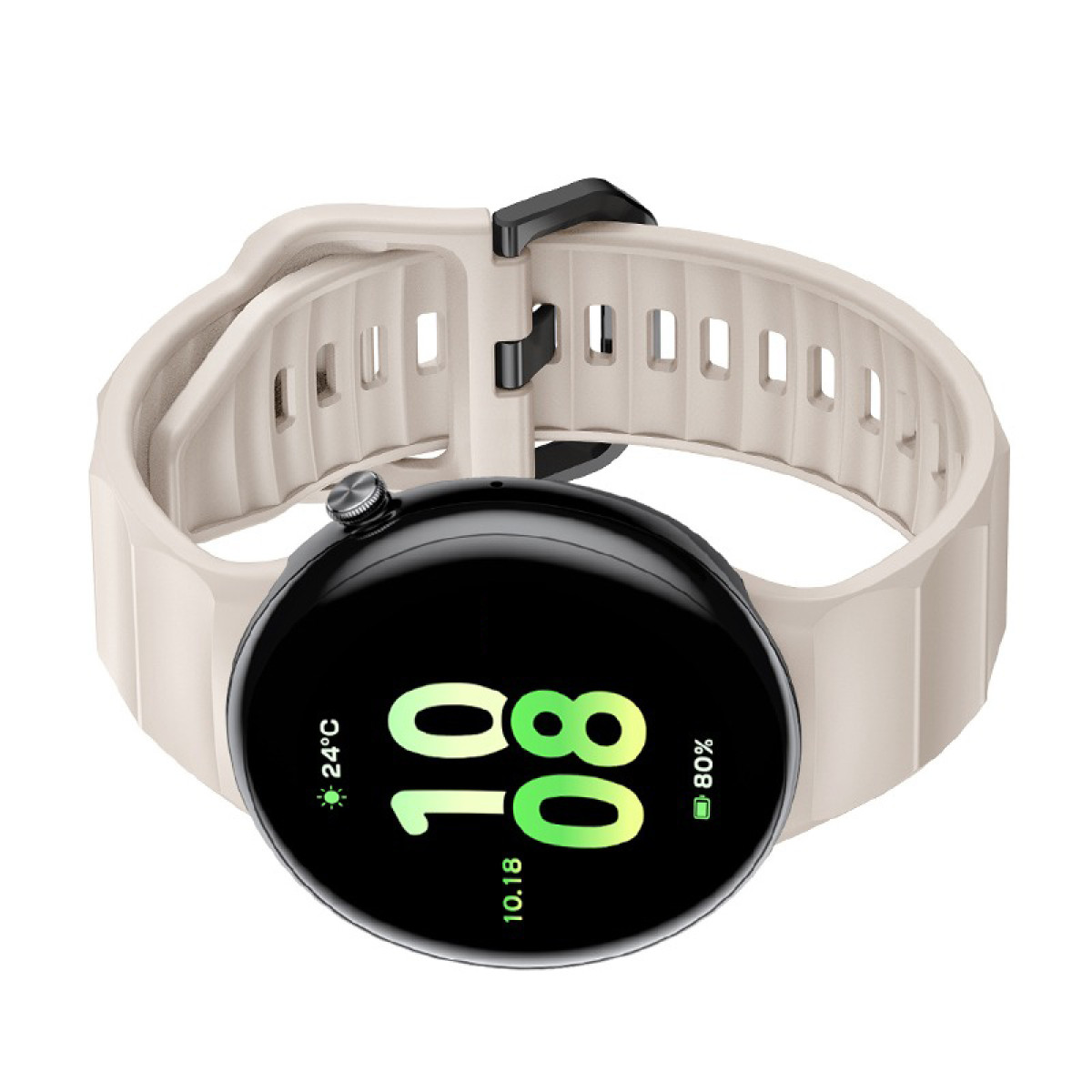 Cremefarbene Smartwatch mit Zeitanzeige, isoliert auf Weiß, schräge Ansicht.