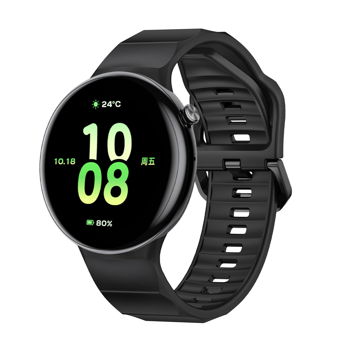 Smartwatch nero con schermo rotondo che mostra ora, batteria e temperatura. Cinturino nero. Sfondo bianco.
