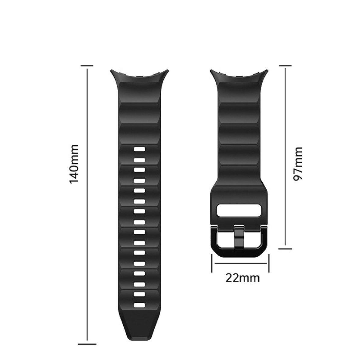 Cinturino nero. Un pezzo è lungo 140 mm, l'altro 97 mm. Sono indicate le dimensioni.