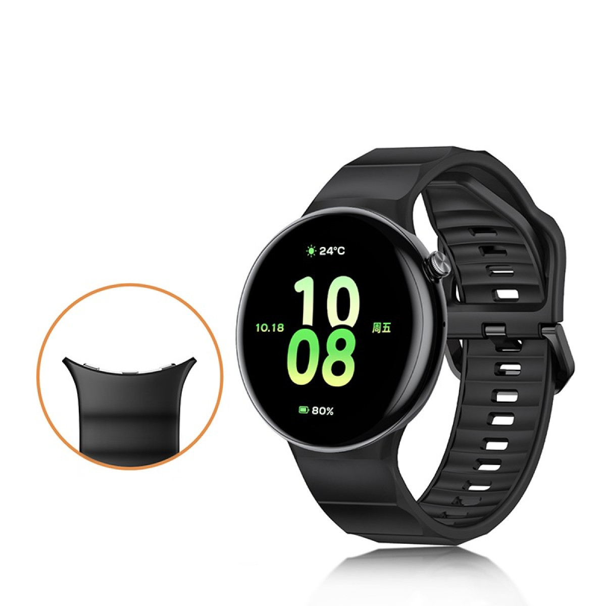 Smartwatch nero con cinturino nero. Lo schermo mostra ora, data, batteria e temperatura.