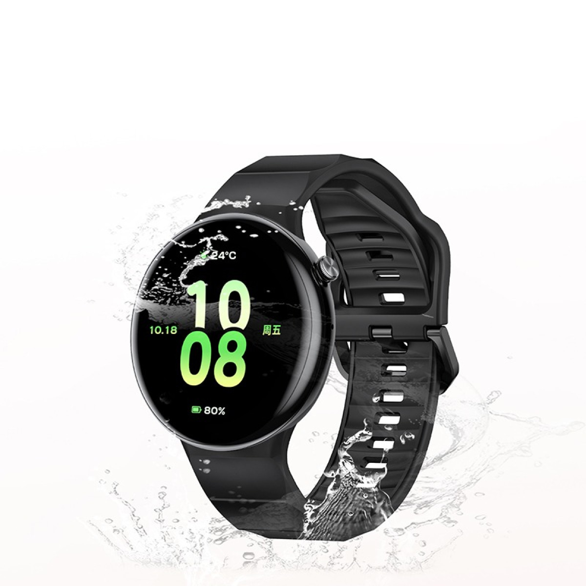 Smartwatch nero con cinturino nero. Gocce d'acqua sull'orologio e intorno.