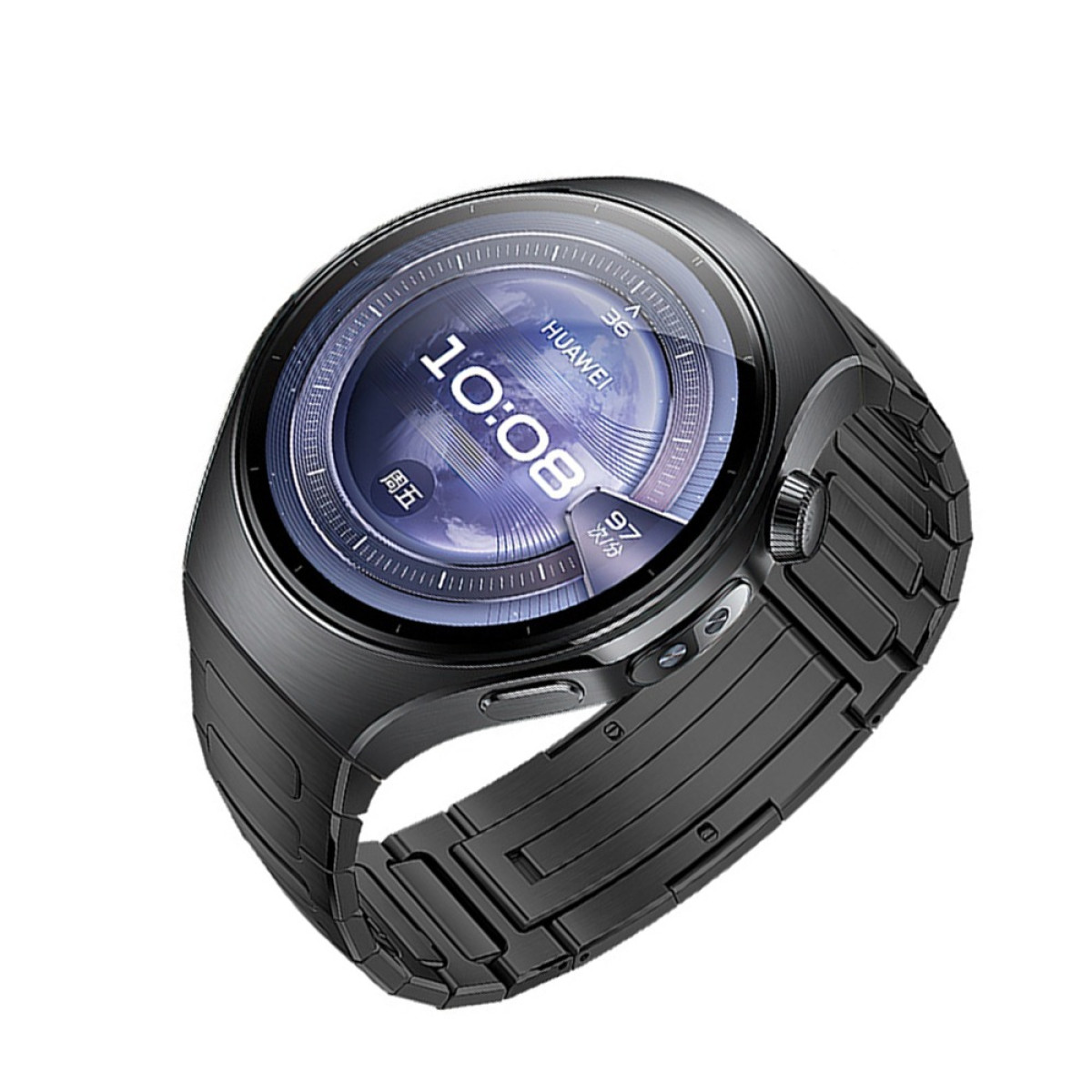Schwarze Smartwatch mit schwarzem Armband. Das Display zeigt Zeit und andere Daten.
