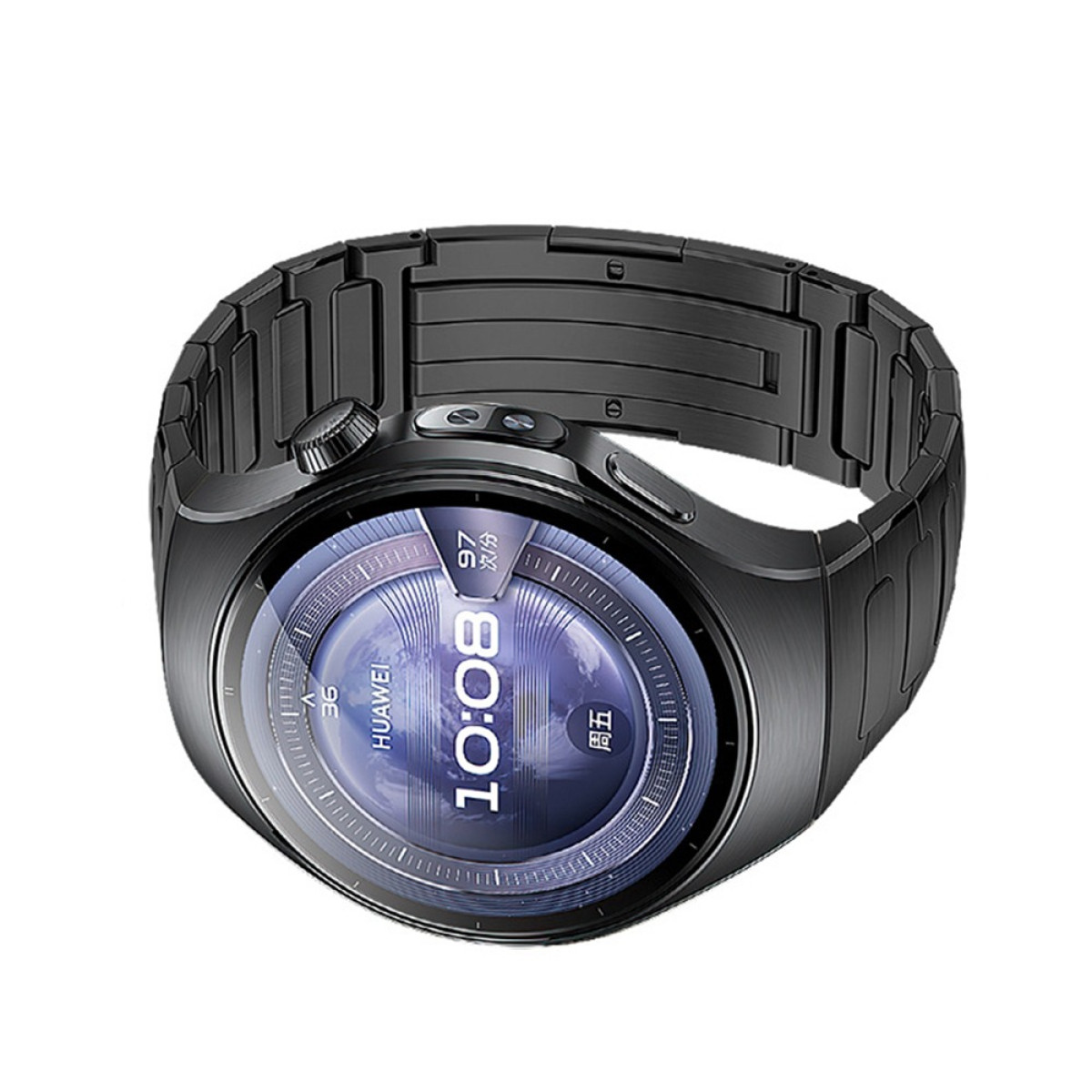 Schwarze Smartwatch mit schwarzem Armband. Das Display zeigt Zeit und Infos.