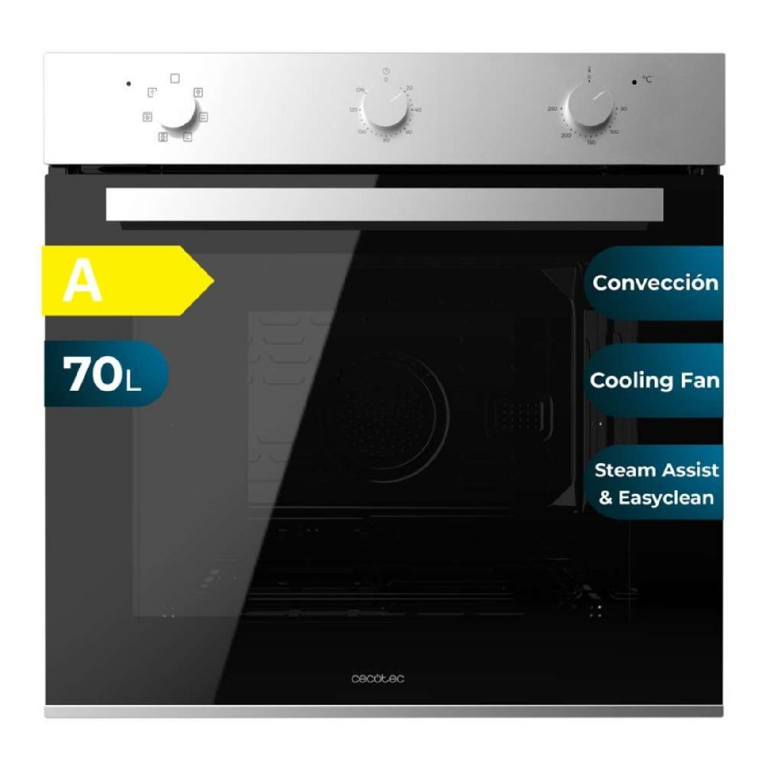 Un horno con etiquetas de eficiencia energética, vidrio negro y perillas de control arriba.
