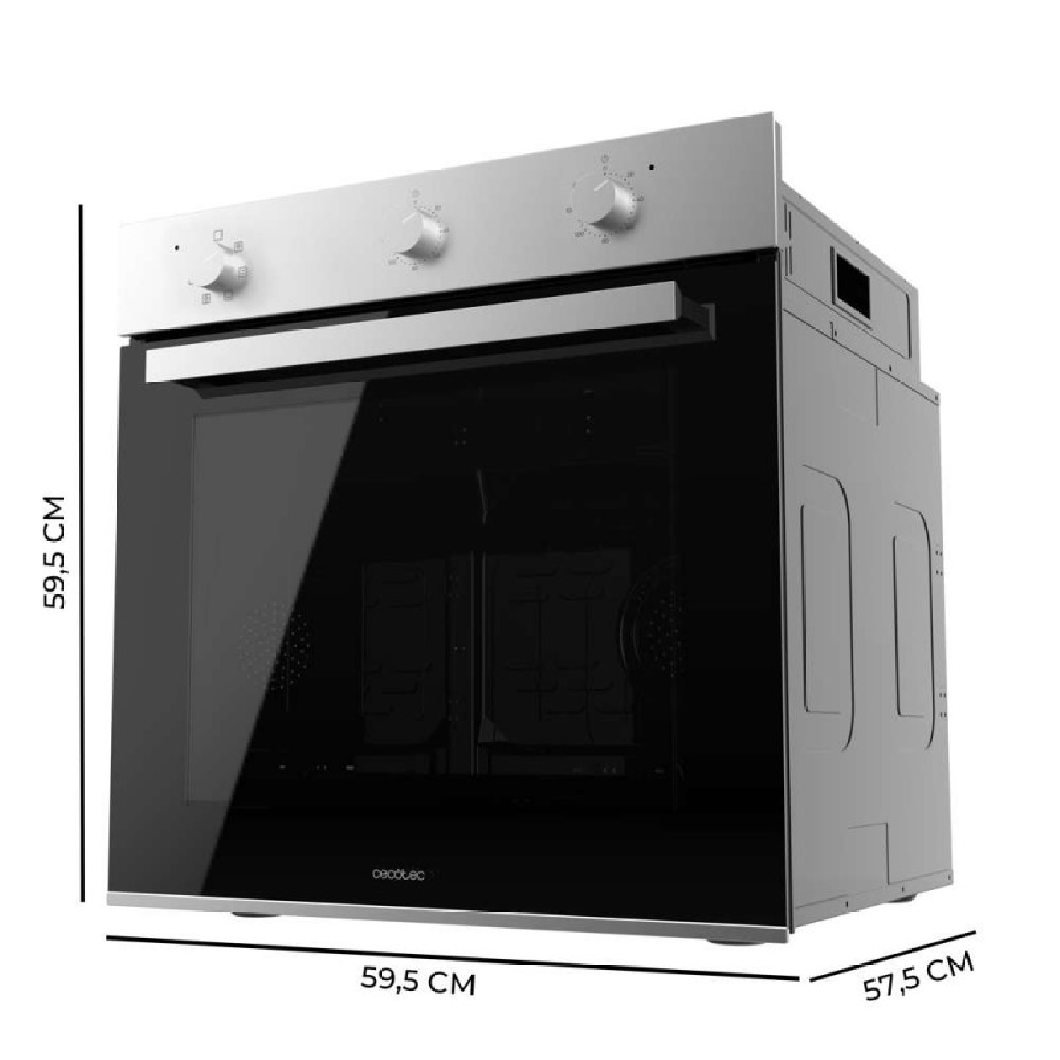 Un horno con dimensiones, puerta de vidrio negro, perillas de control arriba y marco plateado.