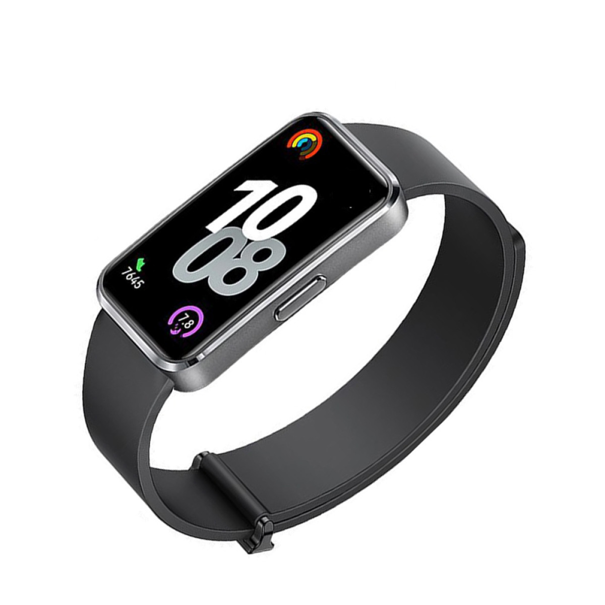 Eine schwarze Smartwatch mit rechteckigem Bildschirm, der Zeit und Gesundheitsdaten anzeigt.