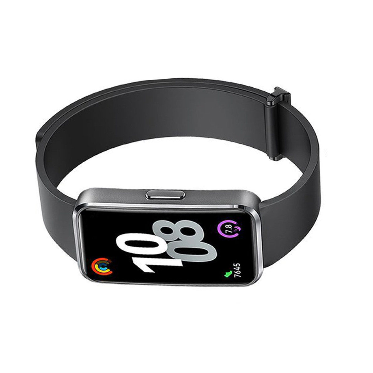 Eine schwarze Smartwatch mit rechteckigem Bildschirm, der Zeit und Gesundheitsdaten anzeigt.