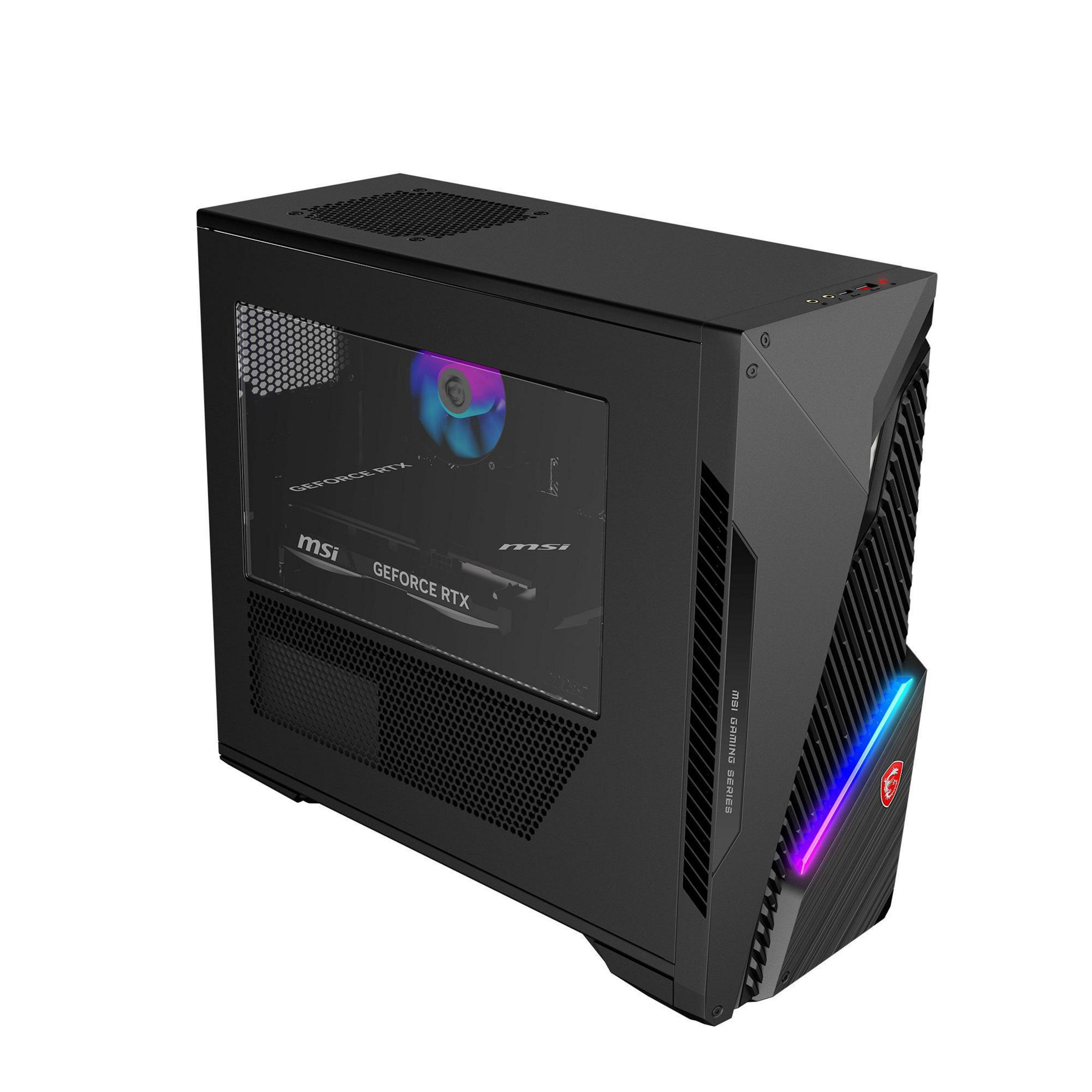 Schwarzer MSI Gaming-PC. Das Gehäuse hat ein Glas-Seitenpanel, das interne Komponenten zeigt. Die Front hat RGB-Beleuchtung.
