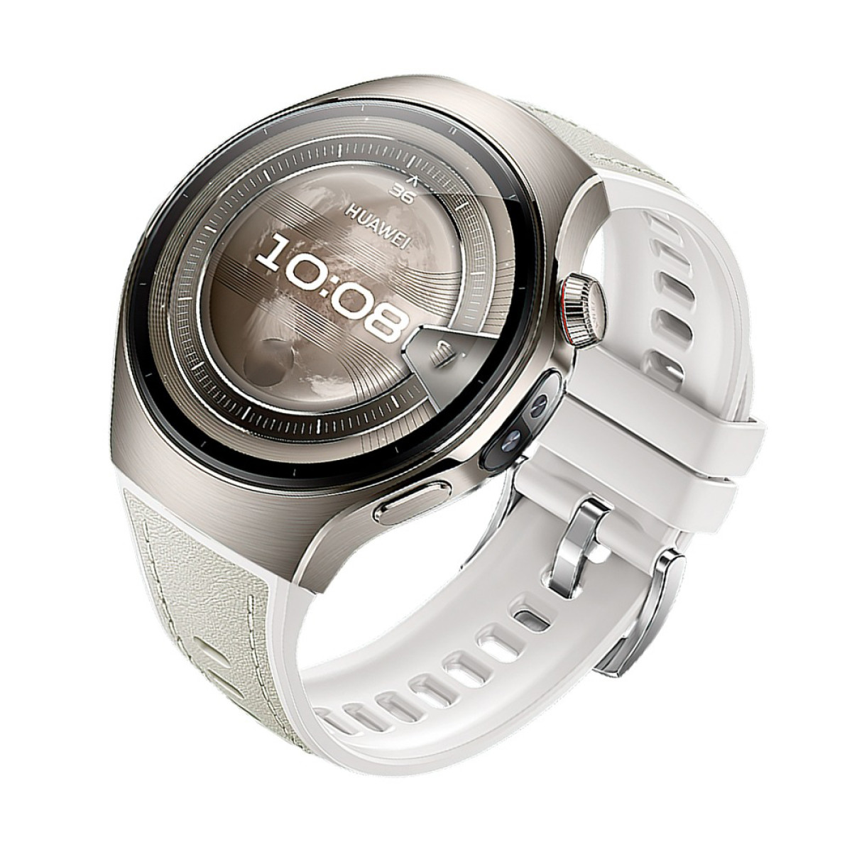 Smartwatch mit silbernem Gehäuse und weißem Armband, zeigt die Uhrzeit.