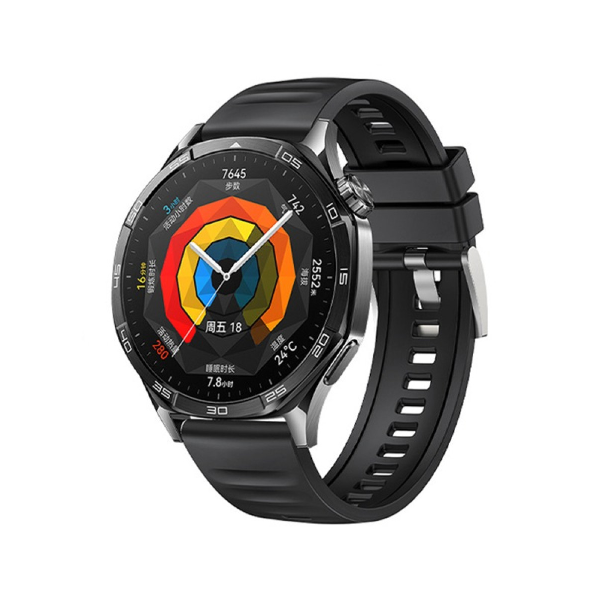 Schwarze Smartwatch mit rundem Display, schwarzem Armband, weißer Hintergrund.