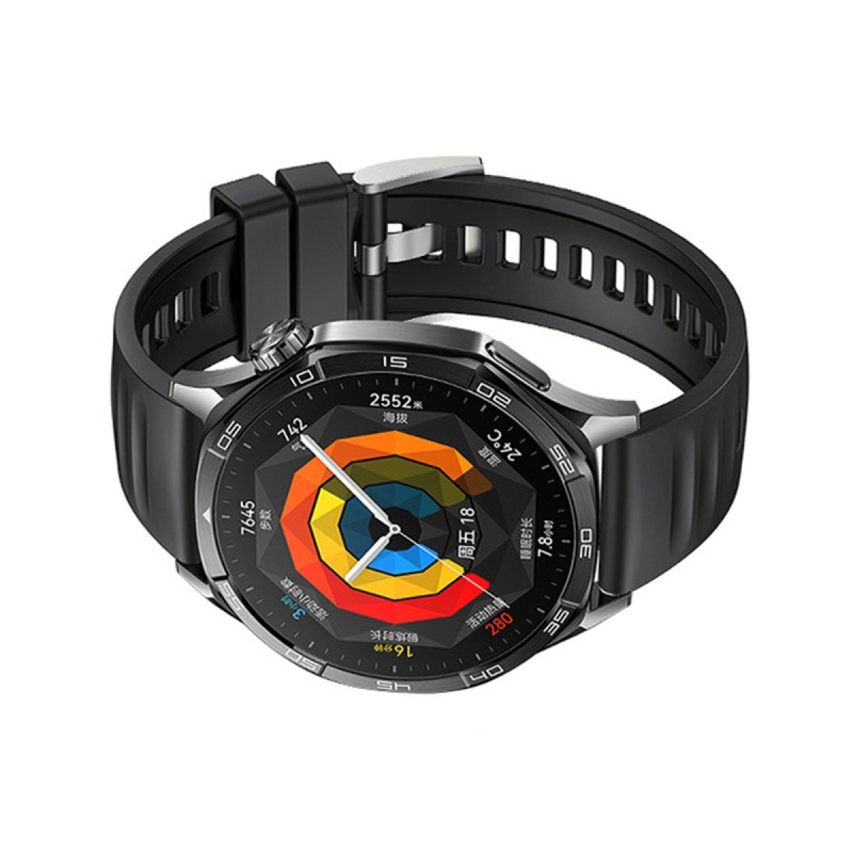 Schwarze Smartwatch mit rundem Display, das Daten anzeigt, schwarzes Armband, weißer Hintergrund.