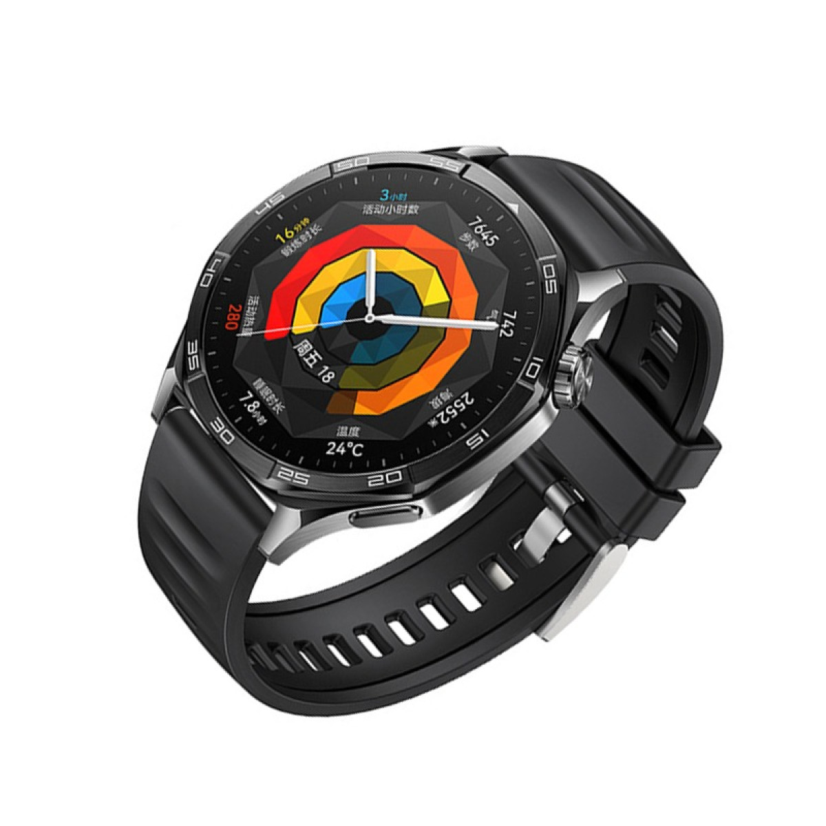 Schwarze Smartwatch, die Daten auf einem runden Display zeigt, schwarzes Armband, weißer Hintergrund.