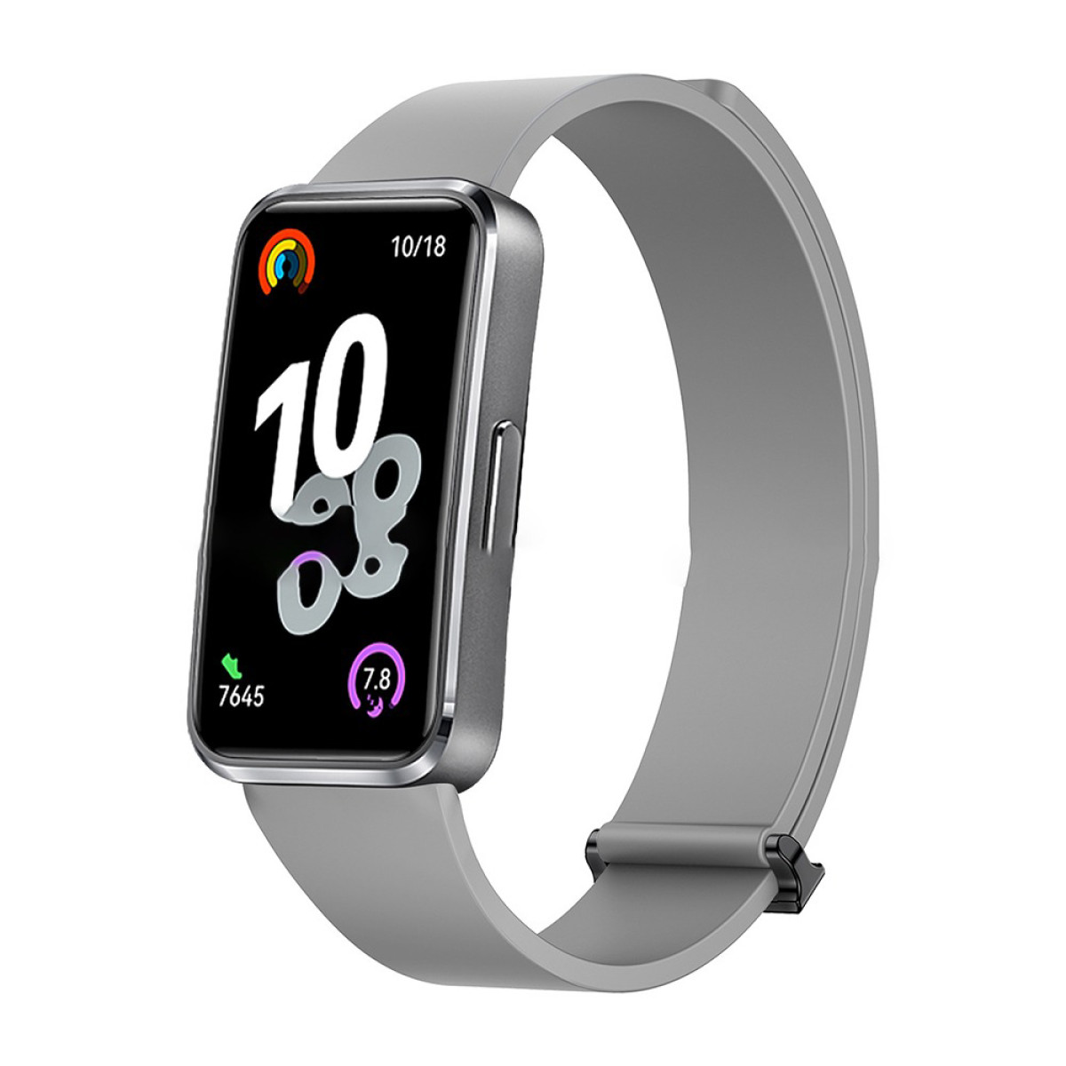 Eine graue Smartwatch mit rechteckigem Bildschirm. Der Bildschirm zeigt die Uhrzeit und andere Gesundheitsmetriken an.