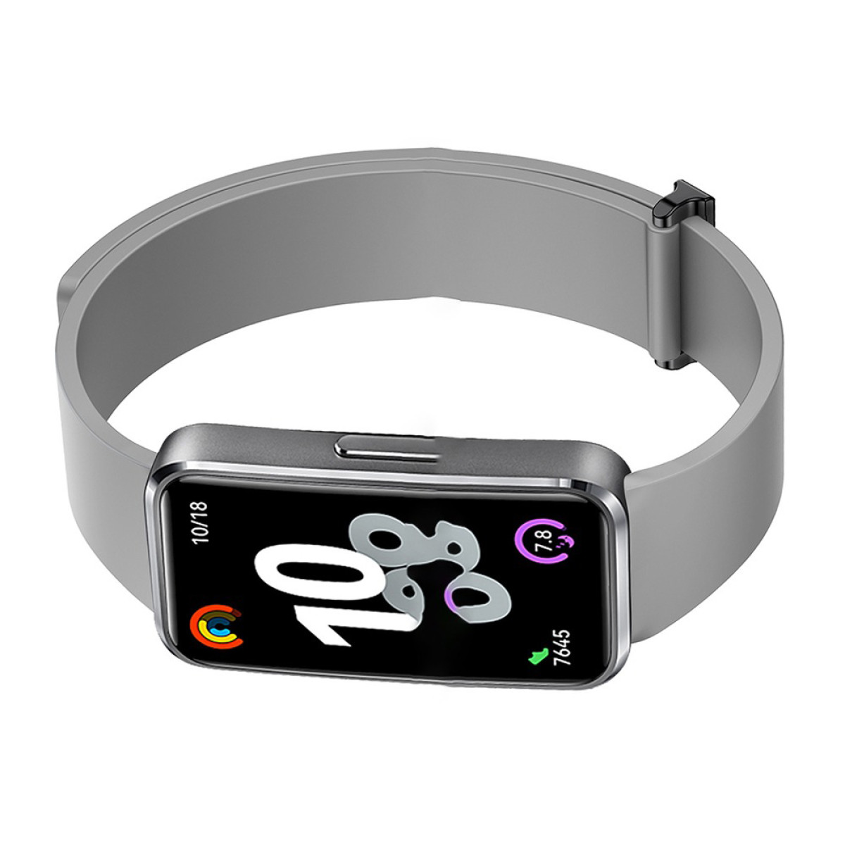 Eine graue Smartwatch mit rechteckigem Bildschirm. Der Bildschirm zeigt Uhrzeit, Datum und Gesundheitsmetriken an.