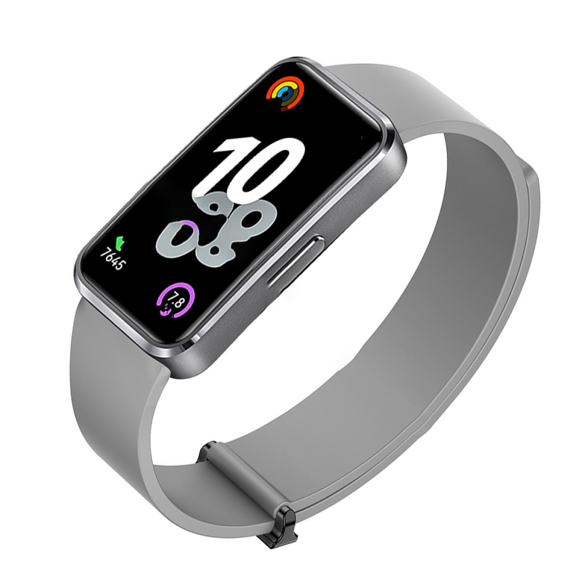 Eine graue Smartwatch mit rechteckigem Bildschirm. Der Bildschirm zeigt die Uhrzeit, Gesundheitsdaten und ein Regenbogensymbol.