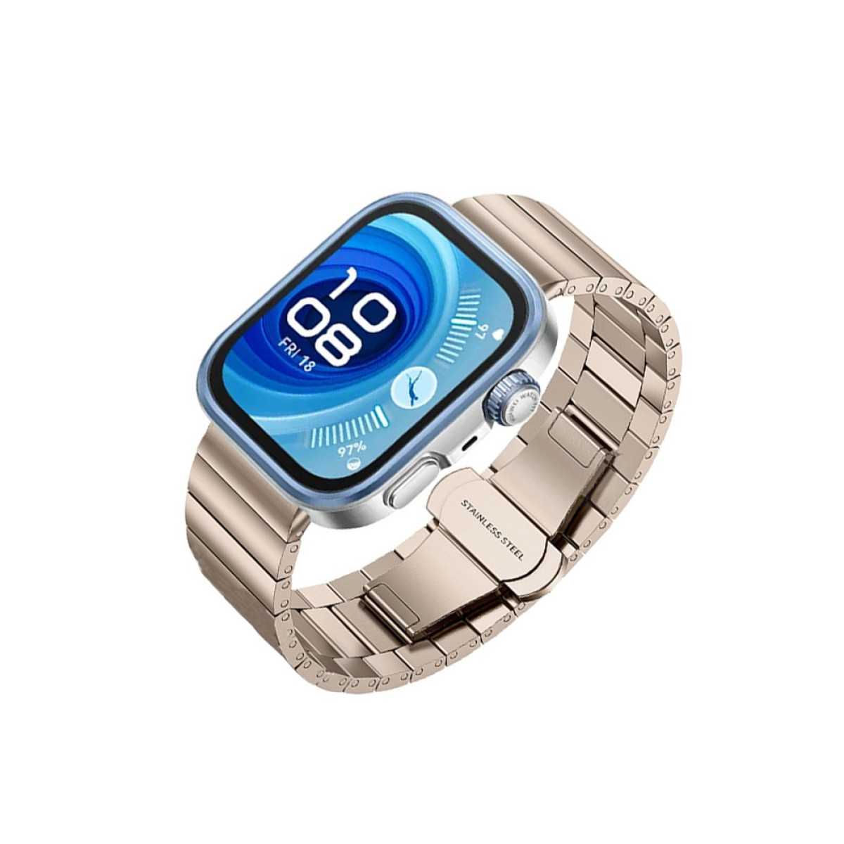 Eine goldene Smartwatch mit blauem Bildschirm zeigt die Uhrzeit und das Datum an, mit goldenem Metallband.